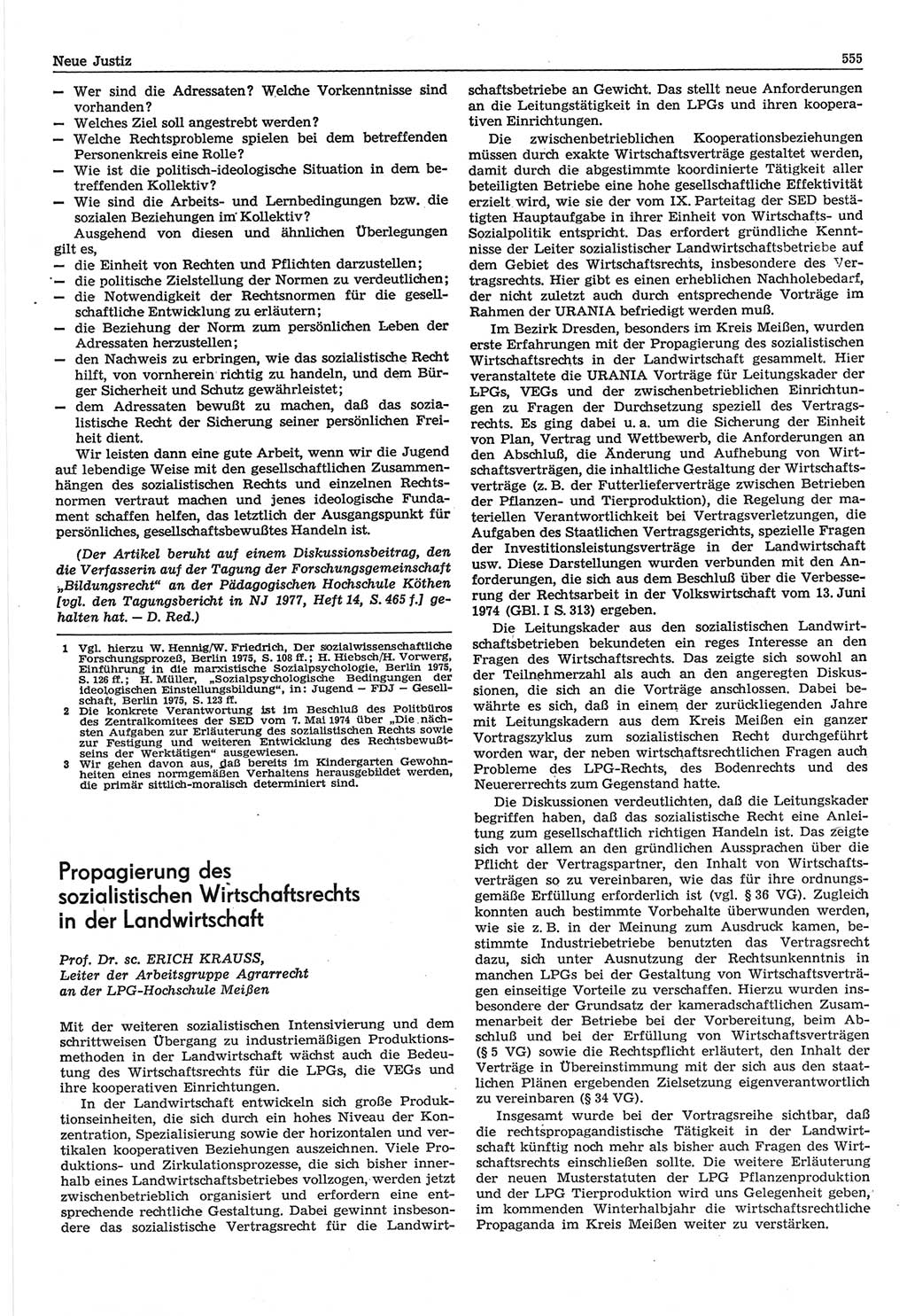 Neue Justiz (NJ), Zeitschrift für Recht und Rechtswissenschaft-Zeitschrift, sozialistisches Recht und Gesetzlichkeit, 31. Jahrgang 1977, Seite 555 (NJ DDR 1977, S. 555)