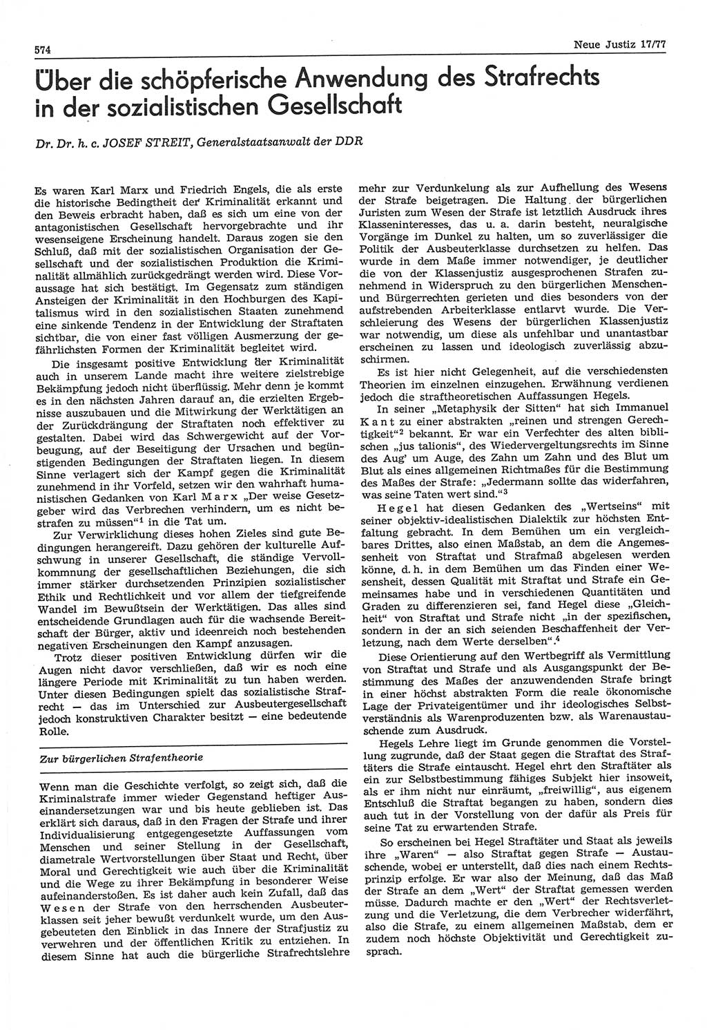 Neue Justiz (NJ), Zeitschrift für Recht und Rechtswissenschaft-Zeitschrift, sozialistisches Recht und Gesetzlichkeit, 31. Jahrgang 1977, Seite 574 (NJ DDR 1977, S. 574)