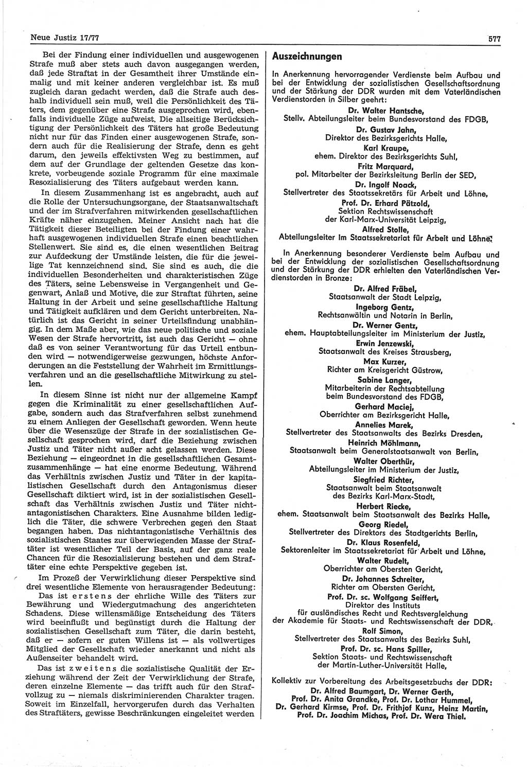 Neue Justiz (NJ), Zeitschrift für Recht und Rechtswissenschaft-Zeitschrift, sozialistisches Recht und Gesetzlichkeit, 31. Jahrgang 1977, Seite 577 (NJ DDR 1977, S. 577)
