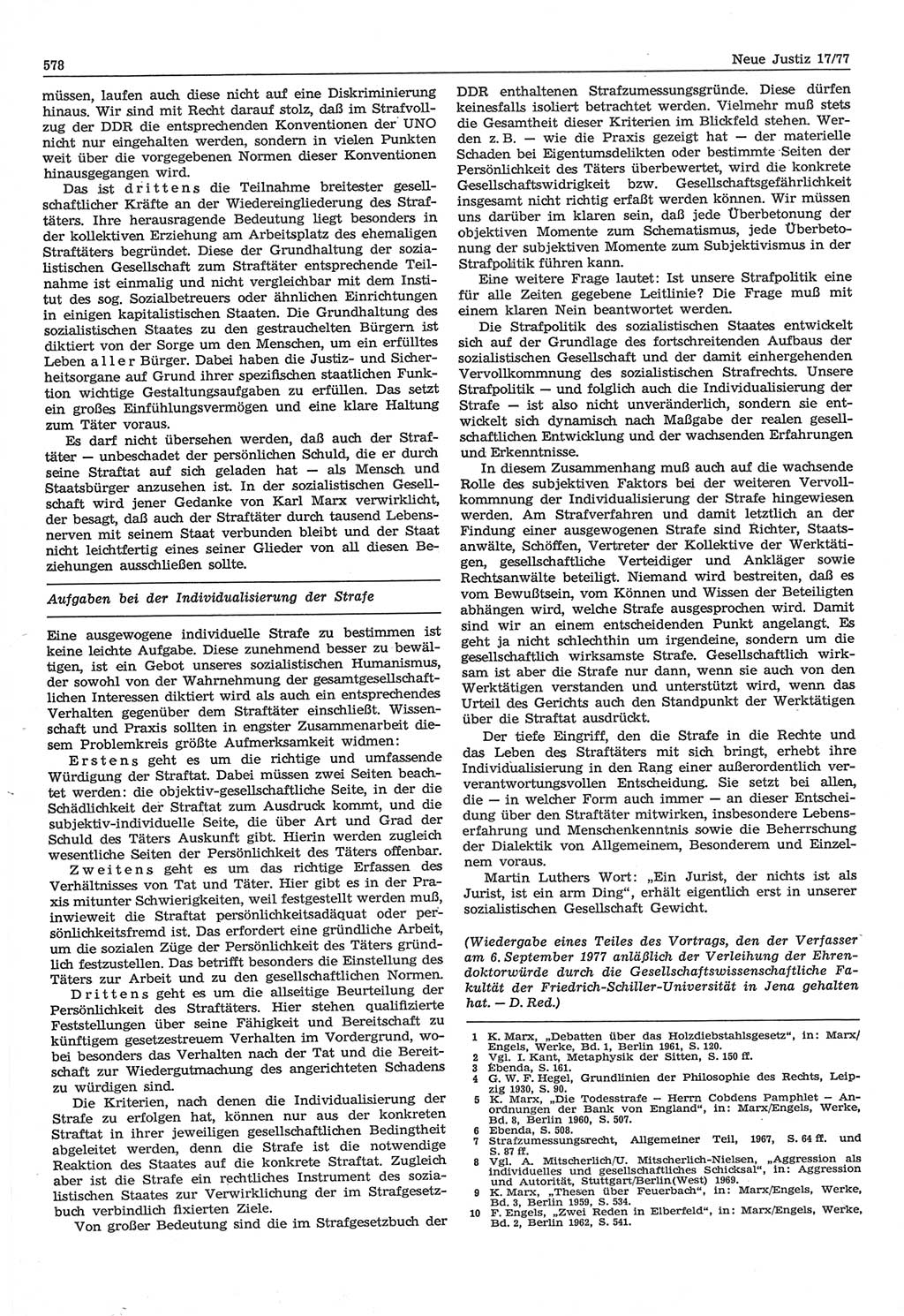 Neue Justiz (NJ), Zeitschrift für Recht und Rechtswissenschaft-Zeitschrift, sozialistisches Recht und Gesetzlichkeit, 31. Jahrgang 1977, Seite 578 (NJ DDR 1977, S. 578)