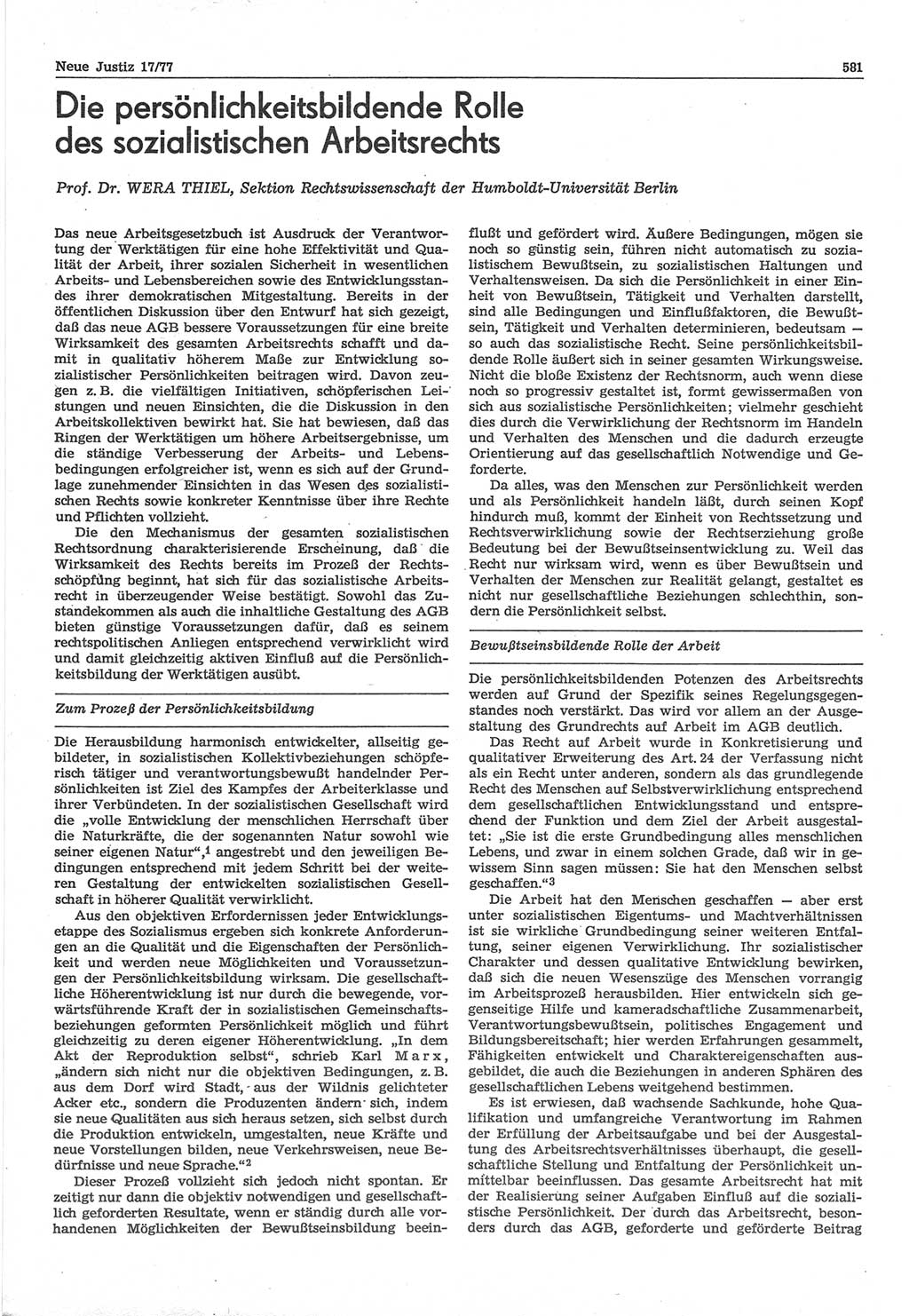 Neue Justiz (NJ), Zeitschrift für Recht und Rechtswissenschaft-Zeitschrift, sozialistisches Recht und Gesetzlichkeit, 31. Jahrgang 1977, Seite 581 (NJ DDR 1977, S. 581)