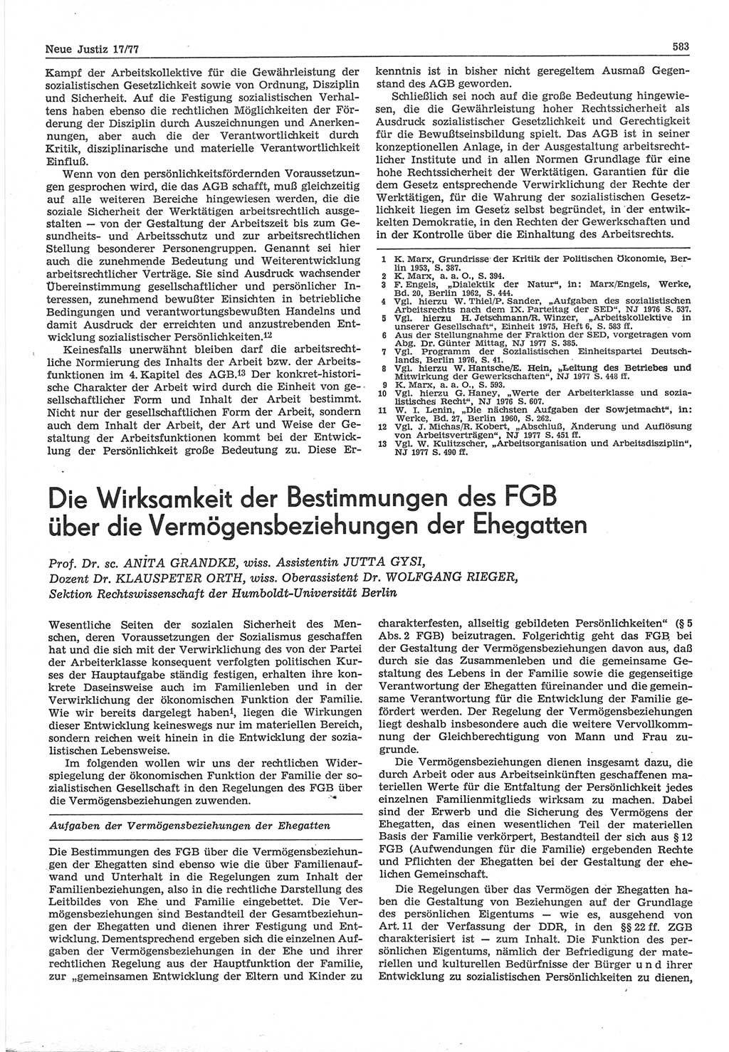 Neue Justiz (NJ), Zeitschrift für Recht und Rechtswissenschaft-Zeitschrift, sozialistisches Recht und Gesetzlichkeit, 31. Jahrgang 1977, Seite 583 (NJ DDR 1977, S. 583)