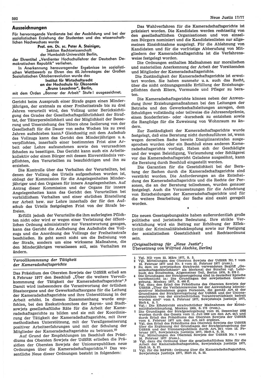 Neue Justiz (NJ), Zeitschrift für Recht und Rechtswissenschaft-Zeitschrift, sozialistisches Recht und Gesetzlichkeit, 31. Jahrgang 1977, Seite 592 (NJ DDR 1977, S. 592)