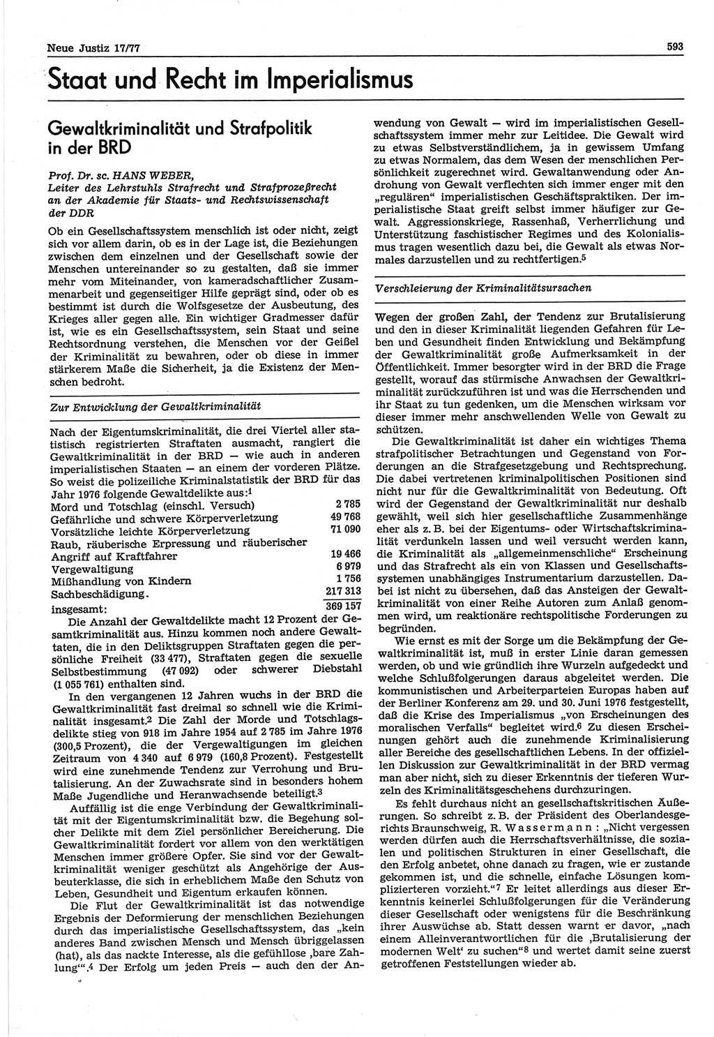 Neue Justiz (NJ), Zeitschrift für Recht und Rechtswissenschaft-Zeitschrift, sozialistisches Recht und Gesetzlichkeit, 31. Jahrgang 1977, Seite 593 (NJ DDR 1977, S. 593)