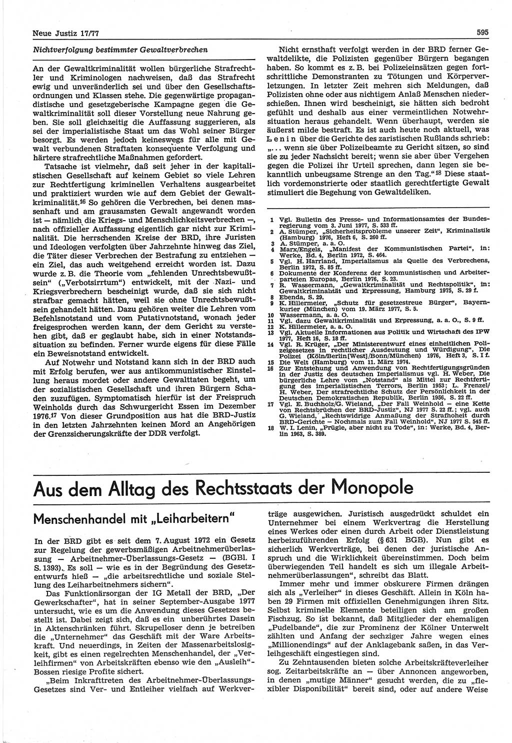 Neue Justiz (NJ), Zeitschrift für Recht und Rechtswissenschaft-Zeitschrift, sozialistisches Recht und Gesetzlichkeit, 31. Jahrgang 1977, Seite 595 (NJ DDR 1977, S. 595)