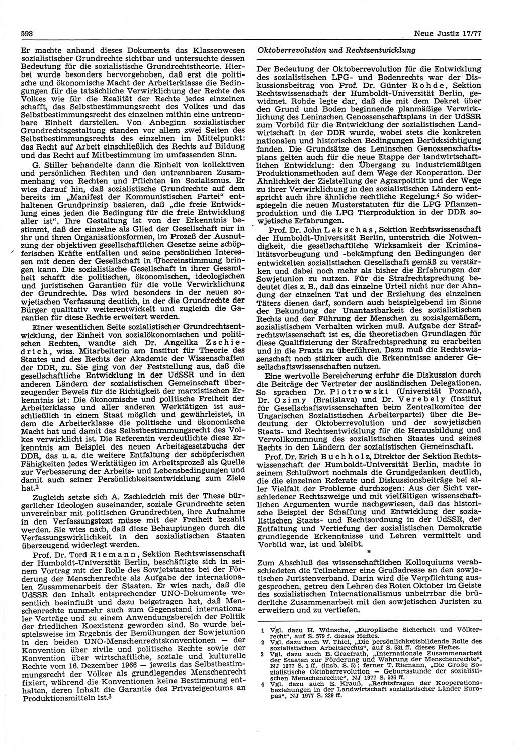 Neue Justiz (NJ), Zeitschrift für Recht und Rechtswissenschaft-Zeitschrift, sozialistisches Recht und Gesetzlichkeit, 31. Jahrgang 1977, Seite 598 (NJ DDR 1977, S. 598)