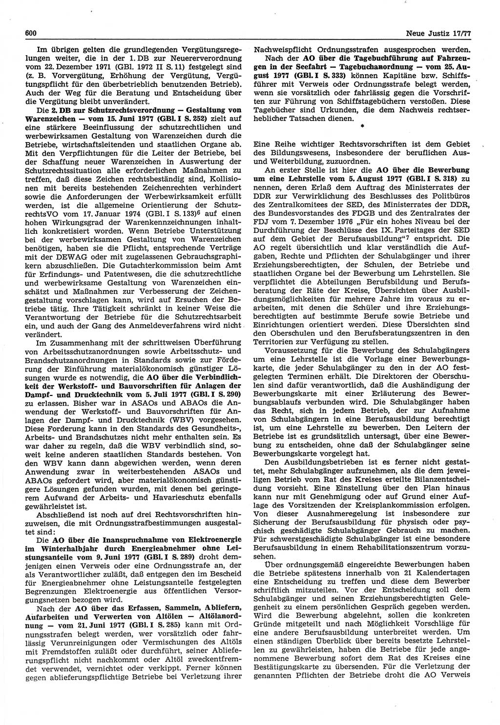 Neue Justiz (NJ), Zeitschrift für Recht und Rechtswissenschaft-Zeitschrift, sozialistisches Recht und Gesetzlichkeit, 31. Jahrgang 1977, Seite 600 (NJ DDR 1977, S. 600)