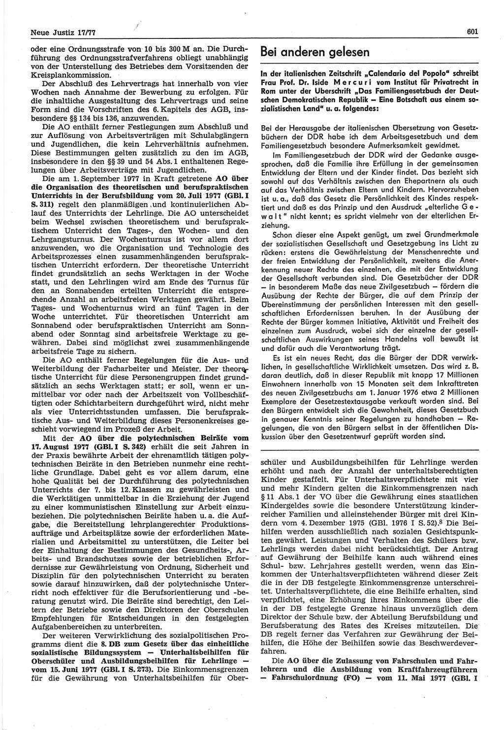 Neue Justiz (NJ), Zeitschrift für Recht und Rechtswissenschaft-Zeitschrift, sozialistisches Recht und Gesetzlichkeit, 31. Jahrgang 1977, Seite 601 (NJ DDR 1977, S. 601)