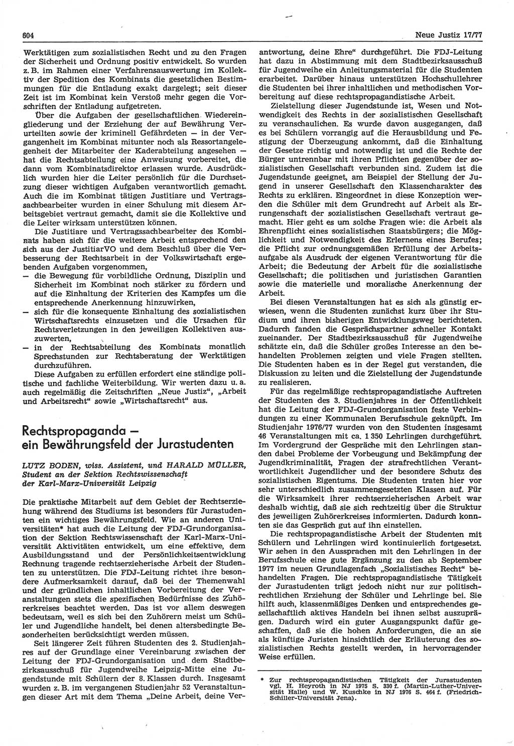 Neue Justiz (NJ), Zeitschrift für Recht und Rechtswissenschaft-Zeitschrift, sozialistisches Recht und Gesetzlichkeit, 31. Jahrgang 1977, Seite 604 (NJ DDR 1977, S. 604)