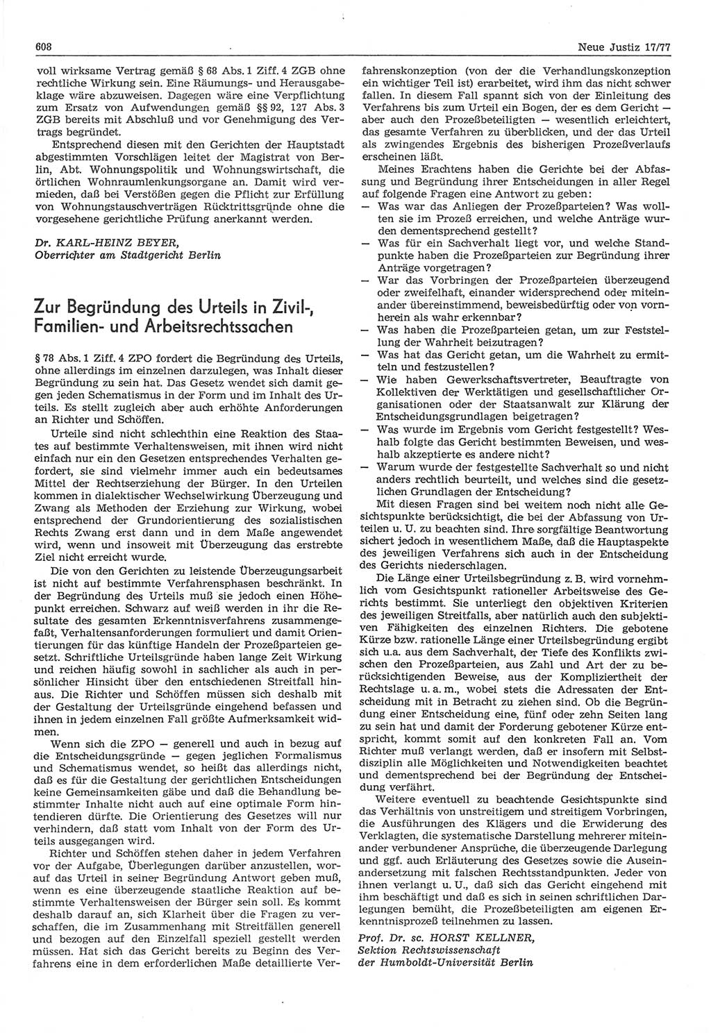 Neue Justiz (NJ), Zeitschrift für Recht und Rechtswissenschaft-Zeitschrift, sozialistisches Recht und Gesetzlichkeit, 31. Jahrgang 1977, Seite 608 (NJ DDR 1977, S. 608)