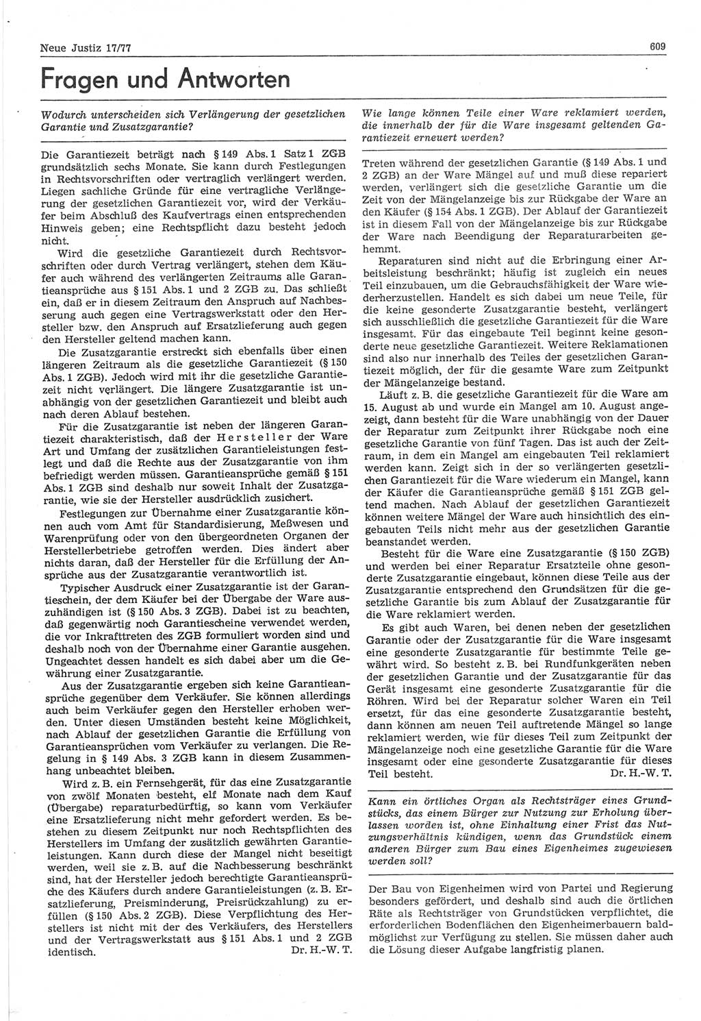 Neue Justiz (NJ), Zeitschrift für Recht und Rechtswissenschaft-Zeitschrift, sozialistisches Recht und Gesetzlichkeit, 31. Jahrgang 1977, Seite 609 (NJ DDR 1977, S. 609)