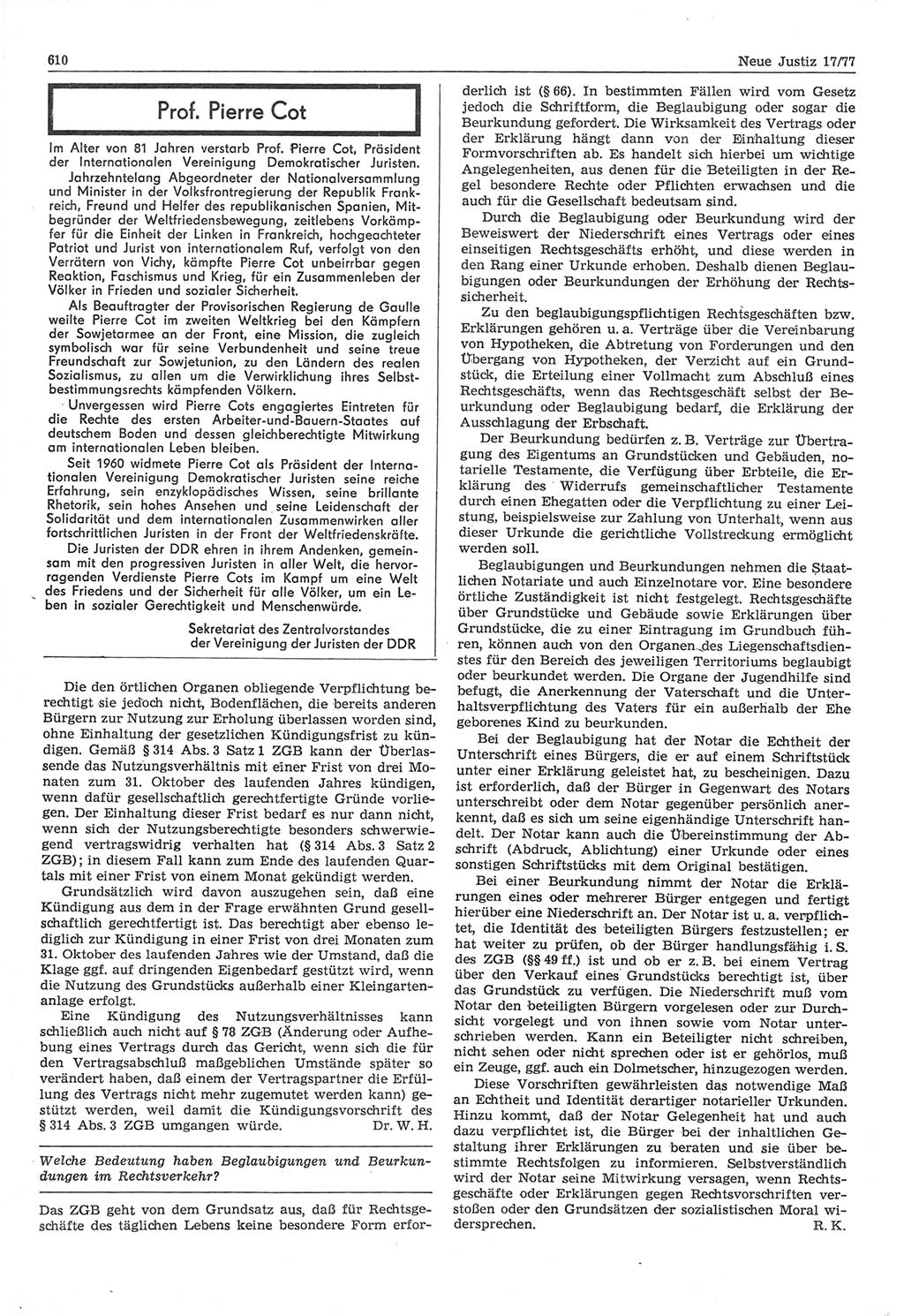 Neue Justiz (NJ), Zeitschrift für Recht und Rechtswissenschaft-Zeitschrift, sozialistisches Recht und Gesetzlichkeit, 31. Jahrgang 1977, Seite 610 (NJ DDR 1977, S. 610)