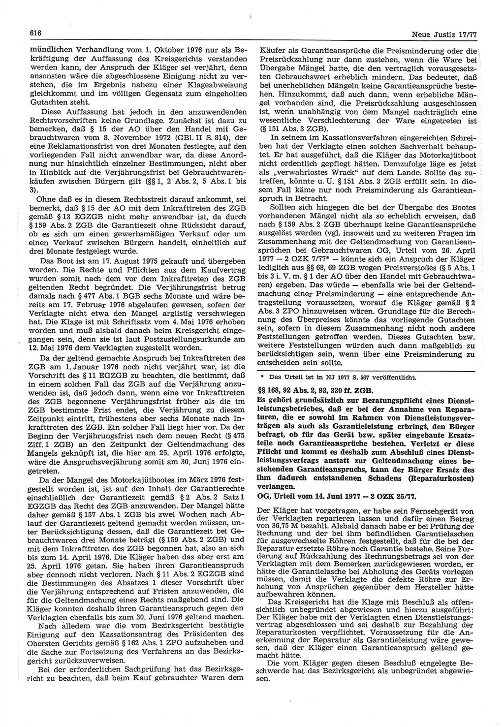 Neue Justiz (NJ), Zeitschrift für Recht und Rechtswissenschaft-Zeitschrift, sozialistisches Recht und Gesetzlichkeit, 31. Jahrgang 1977, Seite 616 (NJ DDR 1977, S. 616)