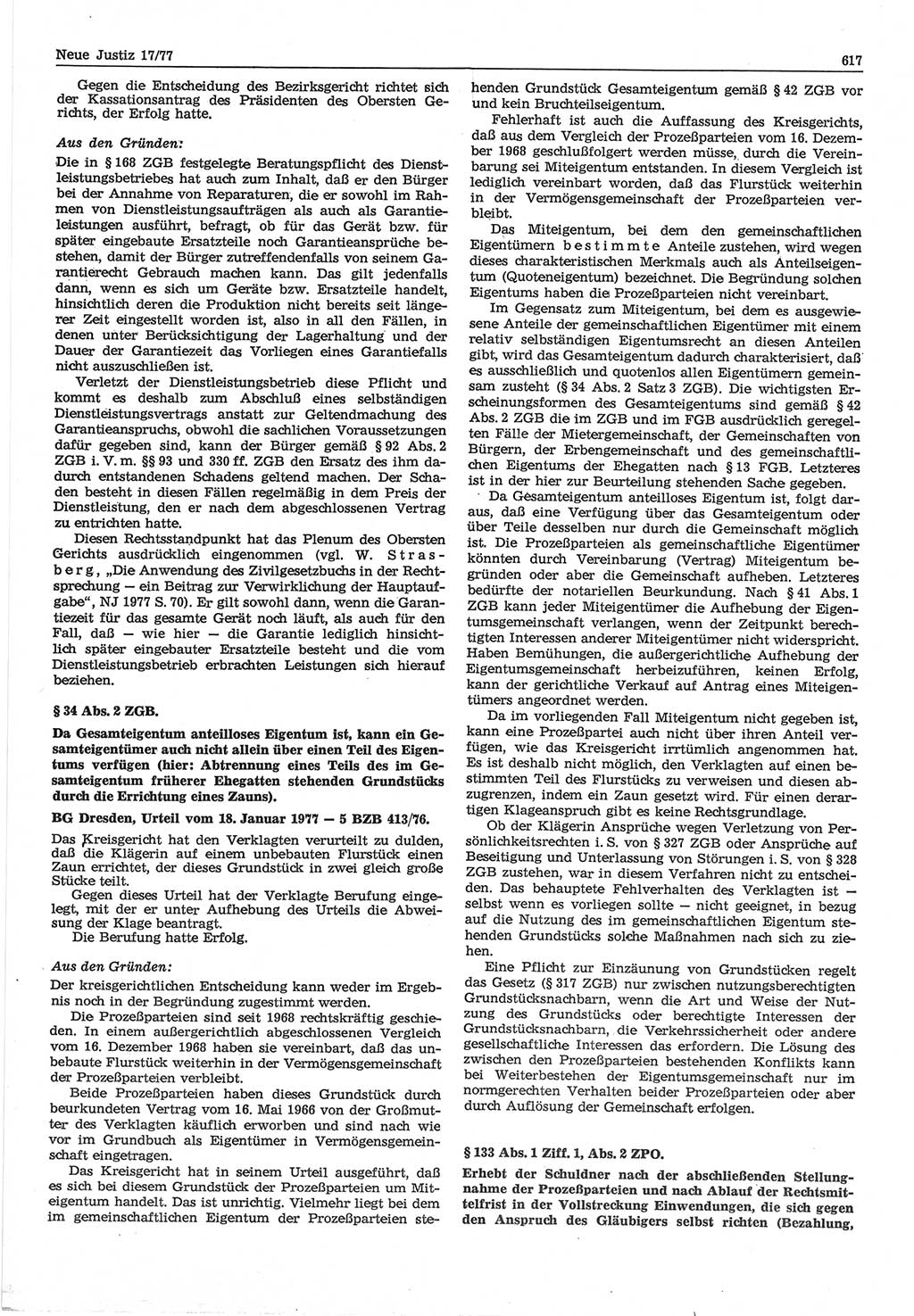 Neue Justiz (NJ), Zeitschrift für Recht und Rechtswissenschaft-Zeitschrift, sozialistisches Recht und Gesetzlichkeit, 31. Jahrgang 1977, Seite 617 (NJ DDR 1977, S. 617)