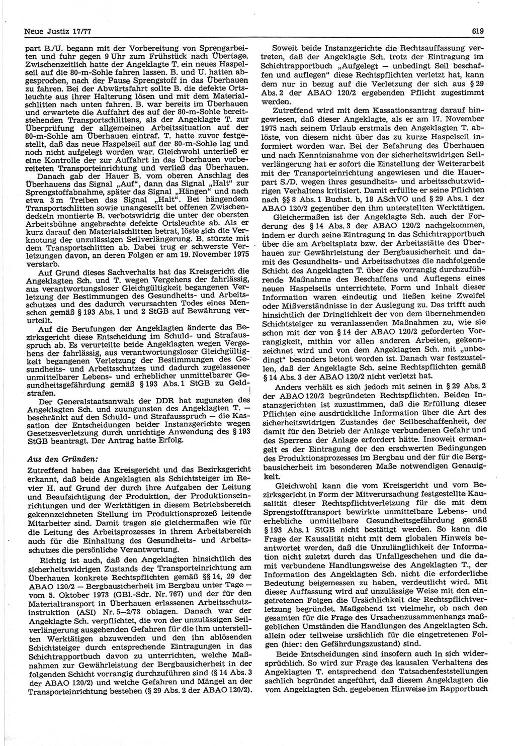 Neue Justiz (NJ), Zeitschrift für Recht und Rechtswissenschaft-Zeitschrift, sozialistisches Recht und Gesetzlichkeit, 31. Jahrgang 1977, Seite 619 (NJ DDR 1977, S. 619)