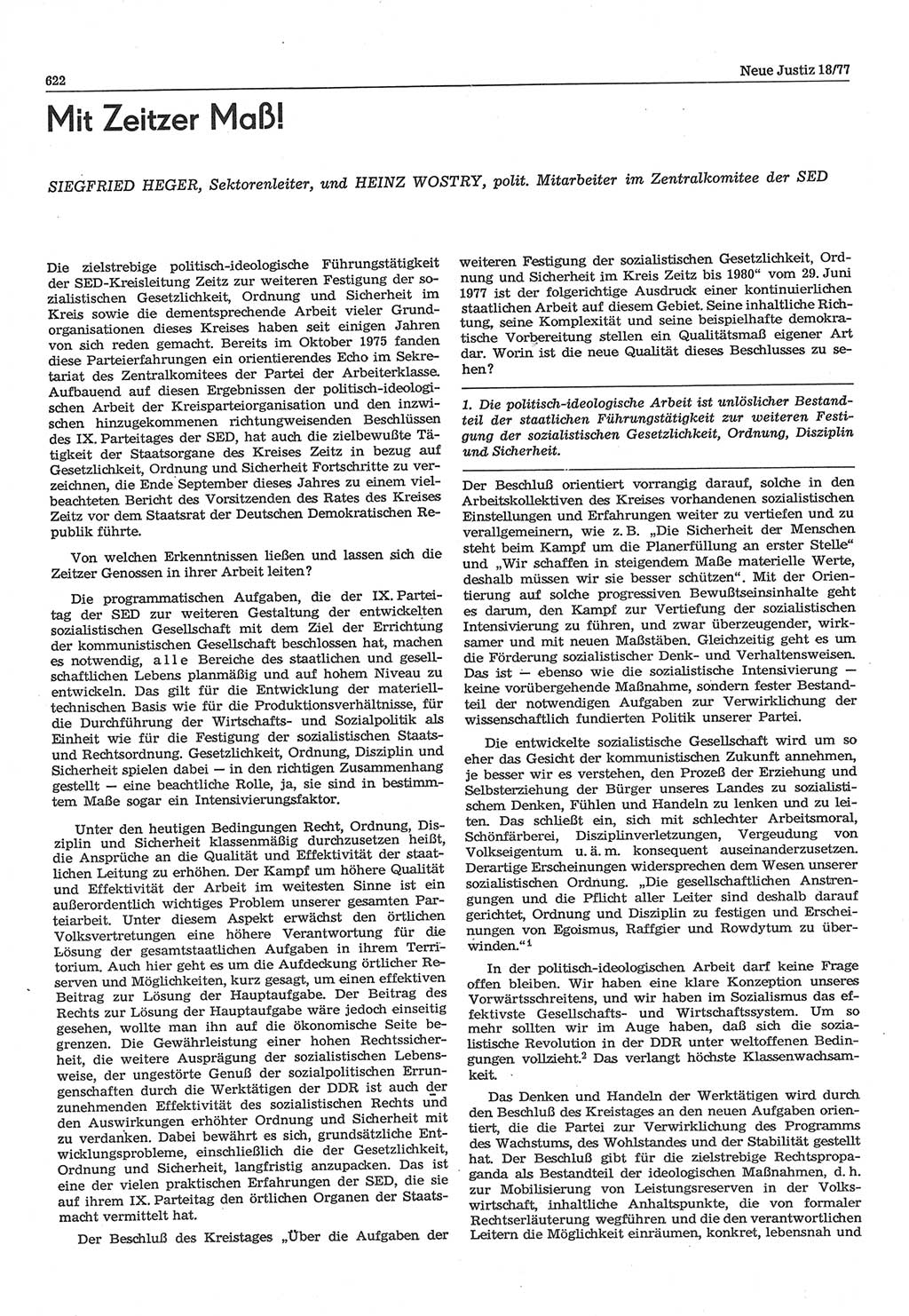 Neue Justiz (NJ), Zeitschrift für Recht und Rechtswissenschaft-Zeitschrift, sozialistisches Recht und Gesetzlichkeit, 31. Jahrgang 1977, Seite 622 (NJ DDR 1977, S. 622)