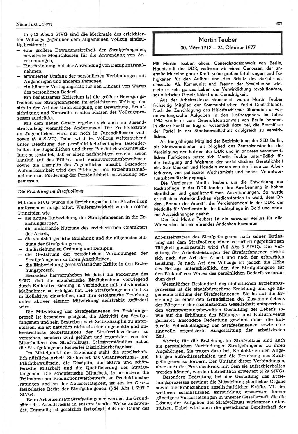Neue Justiz (NJ), Zeitschrift für Recht und Rechtswissenschaft-Zeitschrift, sozialistisches Recht und Gesetzlichkeit, 31. Jahrgang 1977, Seite 637 (NJ DDR 1977, S. 637)