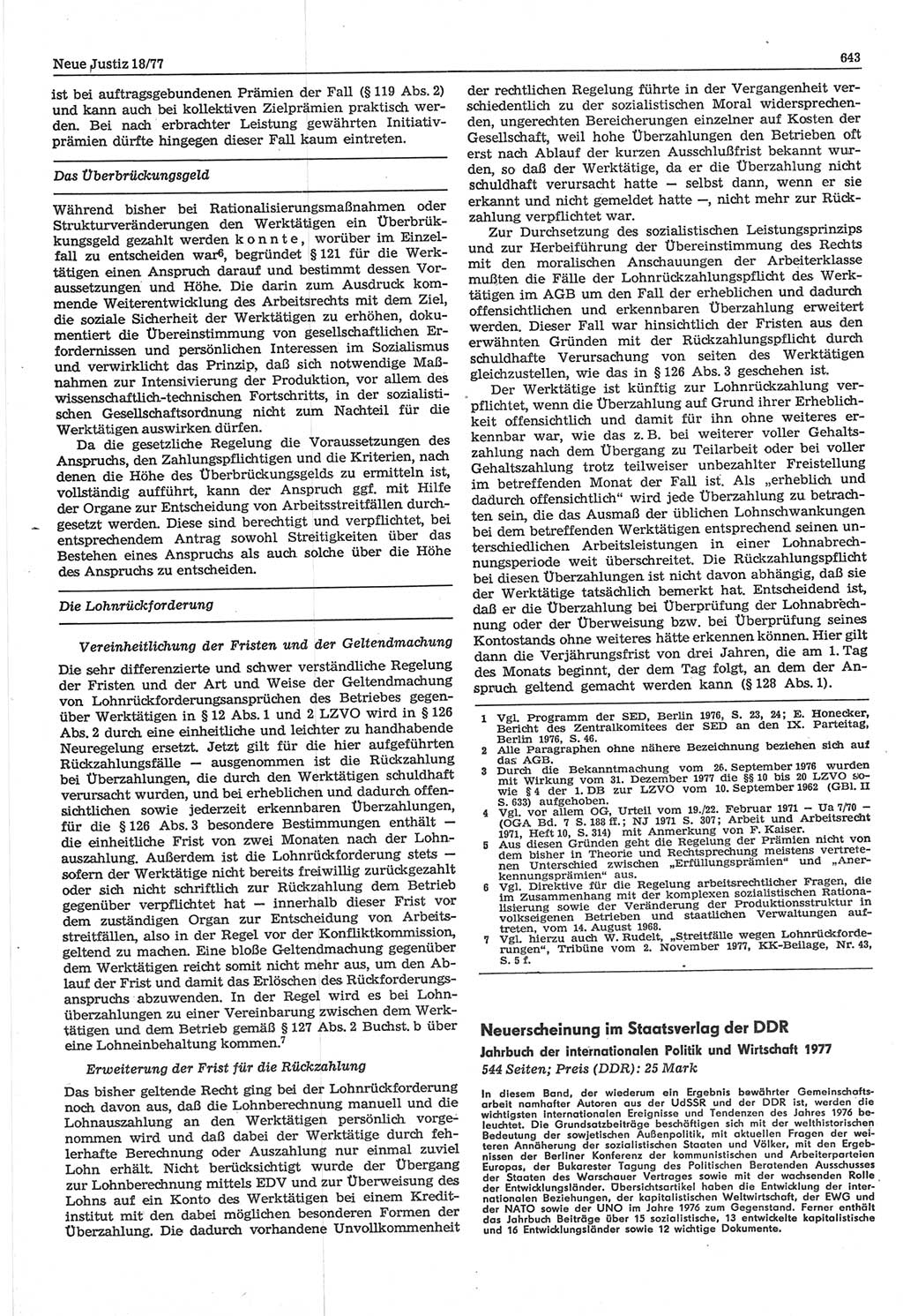 Neue Justiz (NJ), Zeitschrift für Recht und Rechtswissenschaft-Zeitschrift, sozialistisches Recht und Gesetzlichkeit, 31. Jahrgang 1977, Seite 643 (NJ DDR 1977, S. 643)