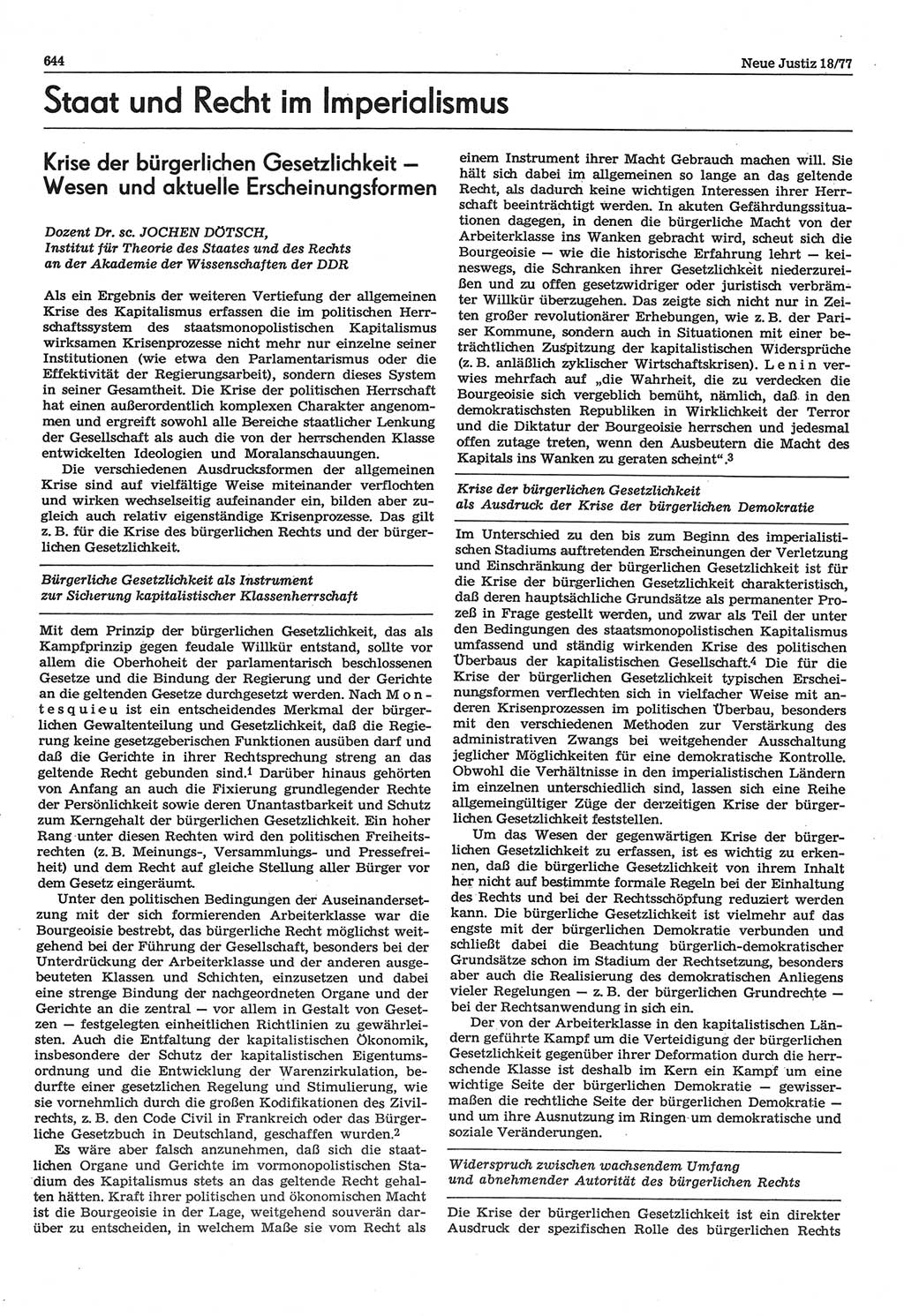 Neue Justiz (NJ), Zeitschrift für Recht und Rechtswissenschaft-Zeitschrift, sozialistisches Recht und Gesetzlichkeit, 31. Jahrgang 1977, Seite 644 (NJ DDR 1977, S. 644)
