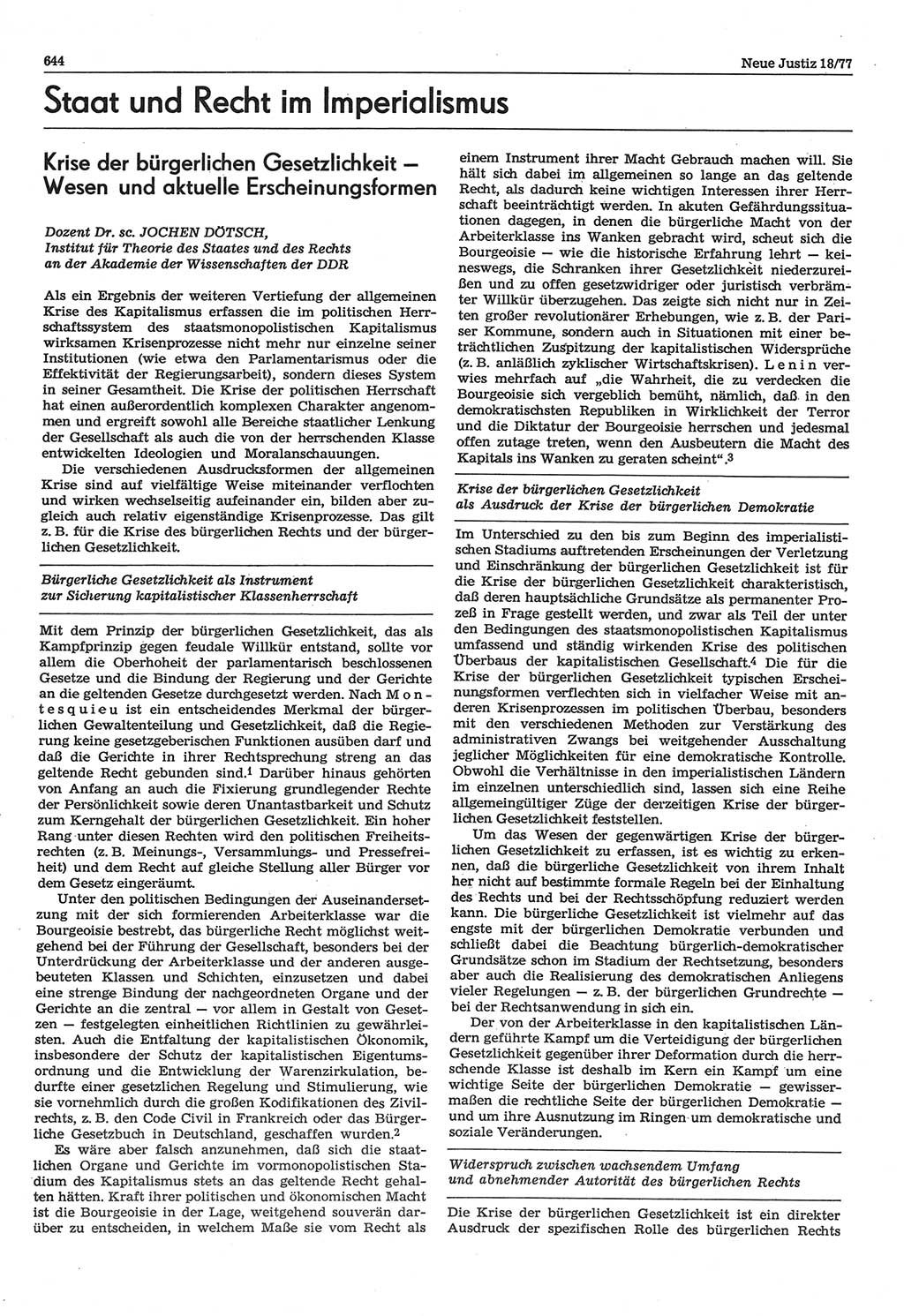 Neue Justiz (NJ), Zeitschrift für Recht und Rechtswissenschaft-Zeitschrift, sozialistisches Recht und Gesetzlichkeit, 31. Jahrgang 1977, Seite 644 (NJ DDR 1977, S. 644)