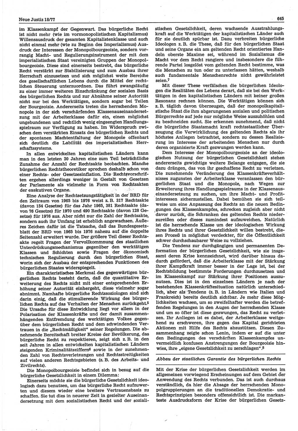 Neue Justiz (NJ), Zeitschrift für Recht und Rechtswissenschaft-Zeitschrift, sozialistisches Recht und Gesetzlichkeit, 31. Jahrgang 1977, Seite 645 (NJ DDR 1977, S. 645)