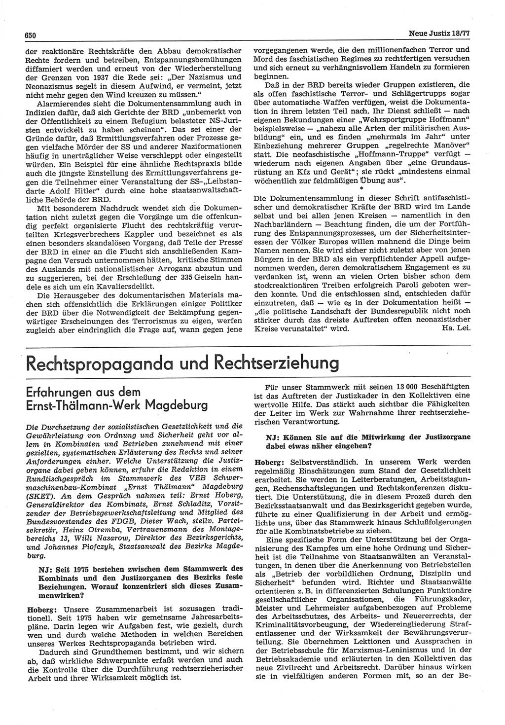 Neue Justiz (NJ), Zeitschrift für Recht und Rechtswissenschaft-Zeitschrift, sozialistisches Recht und Gesetzlichkeit, 31. Jahrgang 1977, Seite 650 (NJ DDR 1977, S. 650)