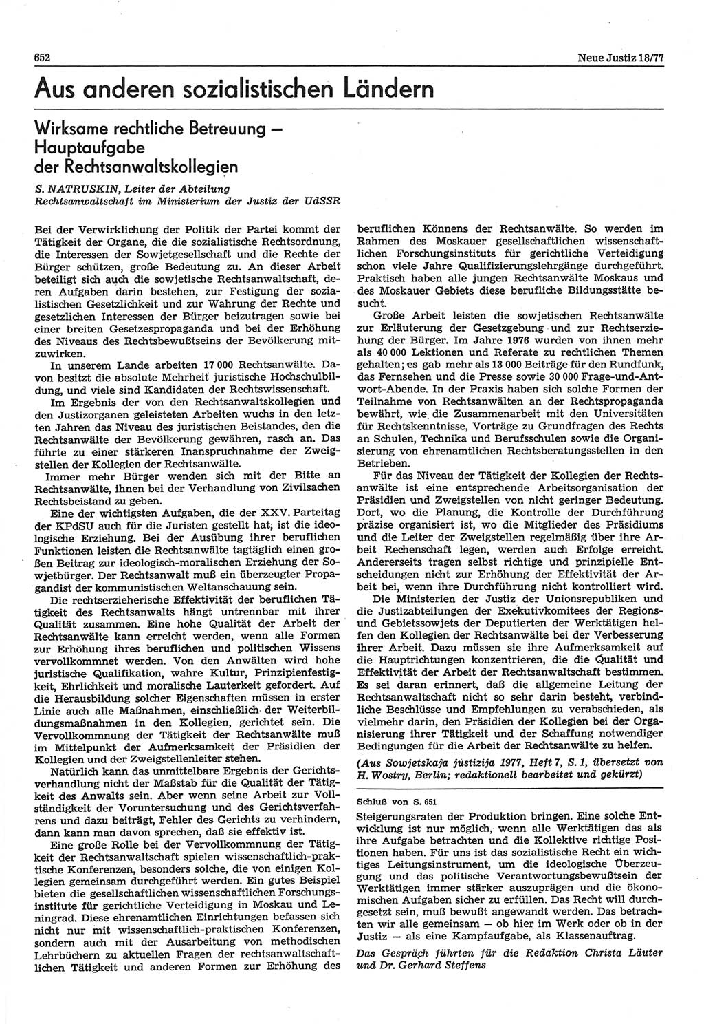 Neue Justiz (NJ), Zeitschrift für Recht und Rechtswissenschaft-Zeitschrift, sozialistisches Recht und Gesetzlichkeit, 31. Jahrgang 1977, Seite 652 (NJ DDR 1977, S. 652)