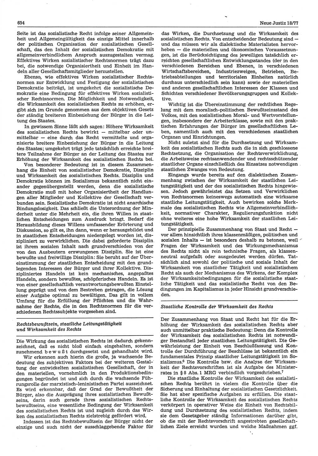 Neue Justiz (NJ), Zeitschrift für Recht und Rechtswissenschaft-Zeitschrift, sozialistisches Recht und Gesetzlichkeit, 31. Jahrgang 1977, Seite 654 (NJ DDR 1977, S. 654)