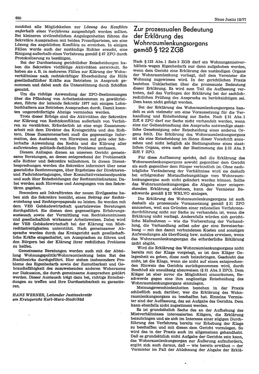 Neue Justiz (NJ), Zeitschrift für Recht und Rechtswissenschaft-Zeitschrift, sozialistisches Recht und Gesetzlichkeit, 31. Jahrgang 1977, Seite 660 (NJ DDR 1977, S. 660)