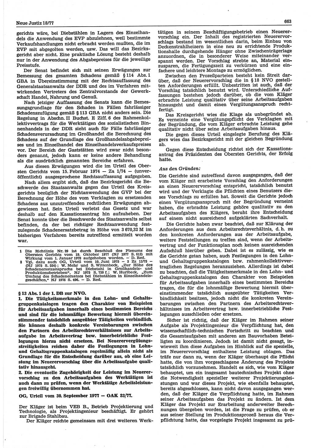 Neue Justiz (NJ), Zeitschrift für Recht und Rechtswissenschaft-Zeitschrift, sozialistisches Recht und Gesetzlichkeit, 31. Jahrgang 1977, Seite 663 (NJ DDR 1977, S. 663)