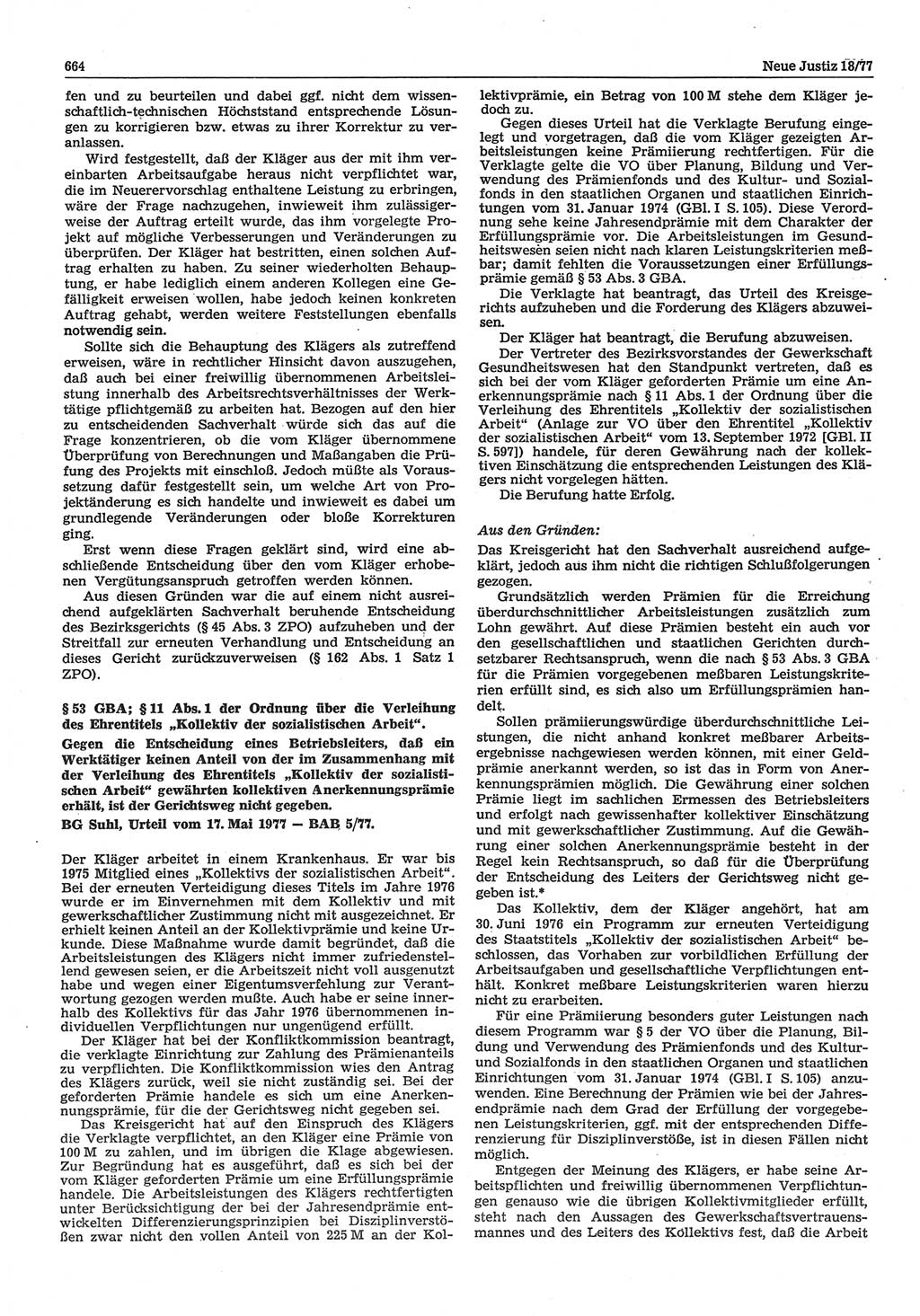 Neue Justiz (NJ), Zeitschrift für Recht und Rechtswissenschaft-Zeitschrift, sozialistisches Recht und Gesetzlichkeit, 31. Jahrgang 1977, Seite 664 (NJ DDR 1977, S. 664)