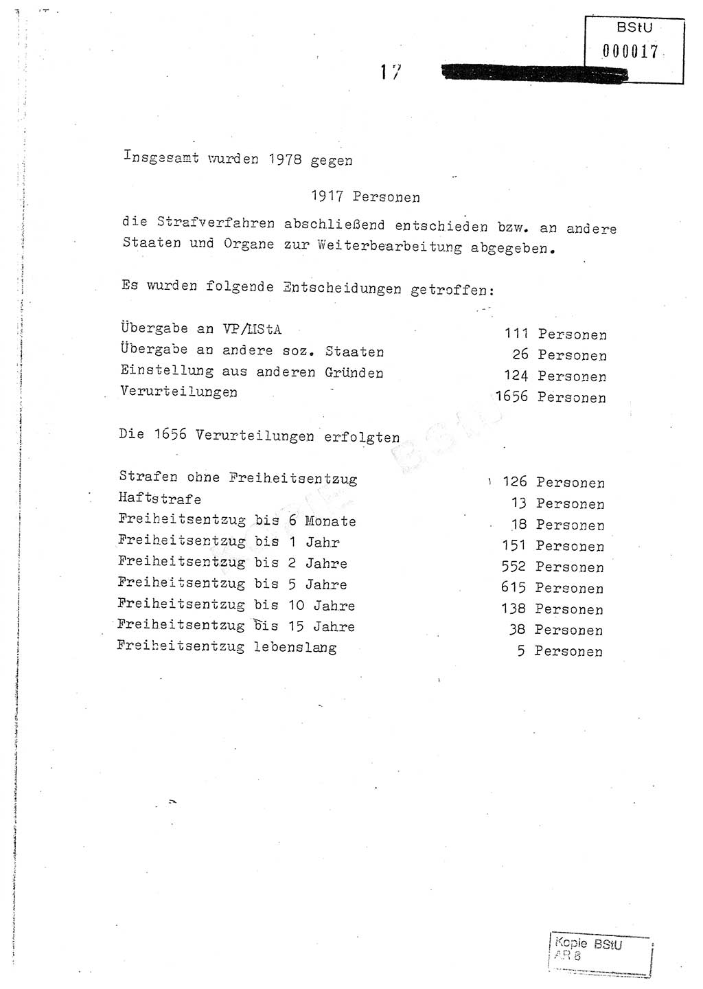 Jahresbericht der Hauptabteilung (HA) Ⅸ 1978, Analyse über die Entwicklung und die Wirksamkeit der politisch-operativen Arbeit der Linie Ⅸ im Jahre 1978, Ministerium für Staatssicherheit (MfS) der Deutschen Demokratischen Republik (DDR), Hauptabteilung Ⅸ, Berlin 1979, Seite 17 (Anal. MfS DDR HA Ⅸ /78 1979, S. 17)