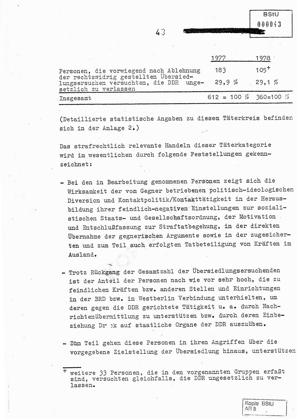 Jahresbericht der Hauptabteilung (HA) Ⅸ 1978, Analyse über die Entwicklung und die Wirksamkeit der politisch-operativen Arbeit der Linie Ⅸ im Jahre 1978, Ministerium für Staatssicherheit (MfS) der Deutschen Demokratischen Republik (DDR), Hauptabteilung Ⅸ, Berlin 1979, Seite 43 (Anal. MfS DDR HA Ⅸ /78 1979, S. 43)