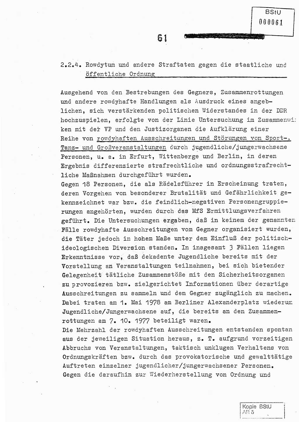 Jahresbericht der Hauptabteilung (HA) Ⅸ 1978, Analyse über die Entwicklung und die Wirksamkeit der politisch-operativen Arbeit der Linie Ⅸ im Jahre 1978, Ministerium für Staatssicherheit (MfS) der Deutschen Demokratischen Republik (DDR), Hauptabteilung Ⅸ, Berlin 1979, Seite 61 (Anal. MfS DDR HA Ⅸ /78 1979, S. 61)