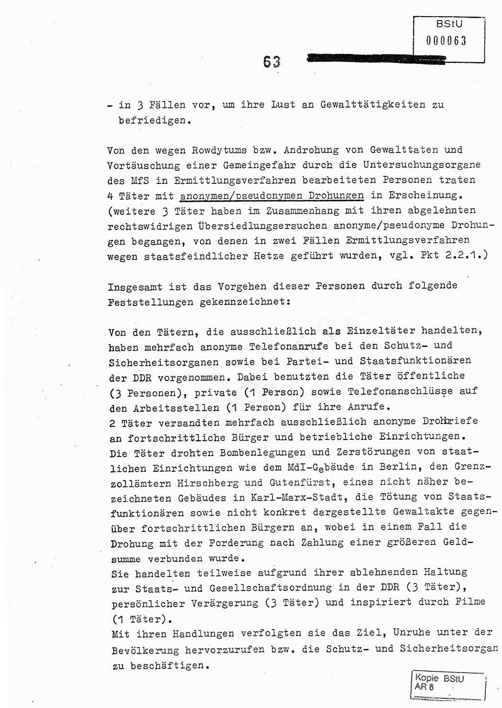 Jahresbericht der Hauptabteilung (HA) Ⅸ 1978, Analyse über die Entwicklung und die Wirksamkeit der politisch-operativen Arbeit der Linie Ⅸ im Jahre 1978, Ministerium für Staatssicherheit (MfS) der Deutschen Demokratischen Republik (DDR), Hauptabteilung Ⅸ, Berlin 1979, Seite 63 (Anal. MfS DDR HA Ⅸ /78 1979, S. 63)