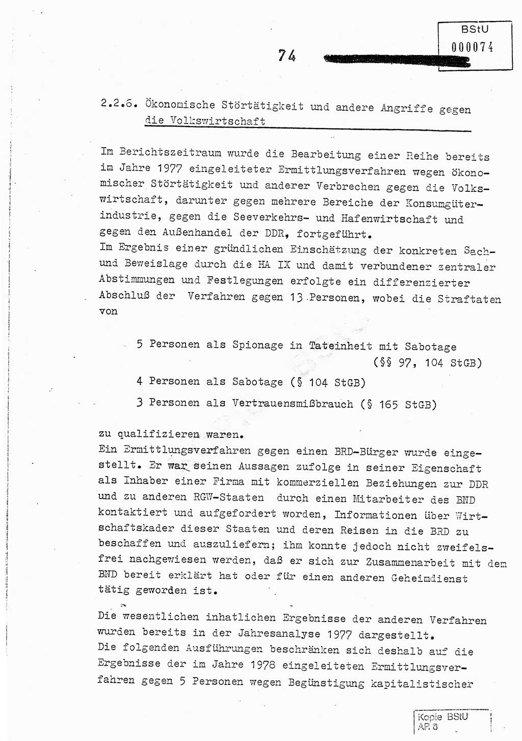 Jahresbericht der Hauptabteilung (HA) Ⅸ 1978, Analyse über die Entwicklung und die Wirksamkeit der politisch-operativen Arbeit der Linie Ⅸ im Jahre 1978, Ministerium für Staatssicherheit (MfS) der Deutschen Demokratischen Republik (DDR), Hauptabteilung Ⅸ, Berlin 1979, Seite 74 (Anal. MfS DDR HA Ⅸ /78 1979, S. 74)