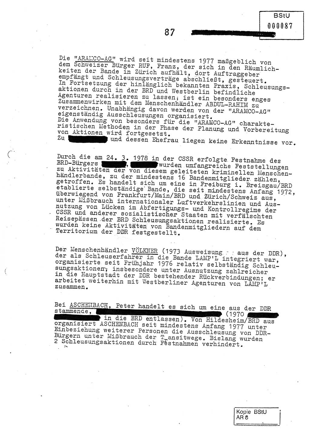 Jahresbericht der Hauptabteilung (HA) Ⅸ 1978, Analyse über die Entwicklung und die Wirksamkeit der politisch-operativen Arbeit der Linie Ⅸ im Jahre 1978, Ministerium für Staatssicherheit (MfS) der Deutschen Demokratischen Republik (DDR), Hauptabteilung Ⅸ, Berlin 1979, Seite 87 (Anal. MfS DDR HA Ⅸ /78 1979, S. 87)