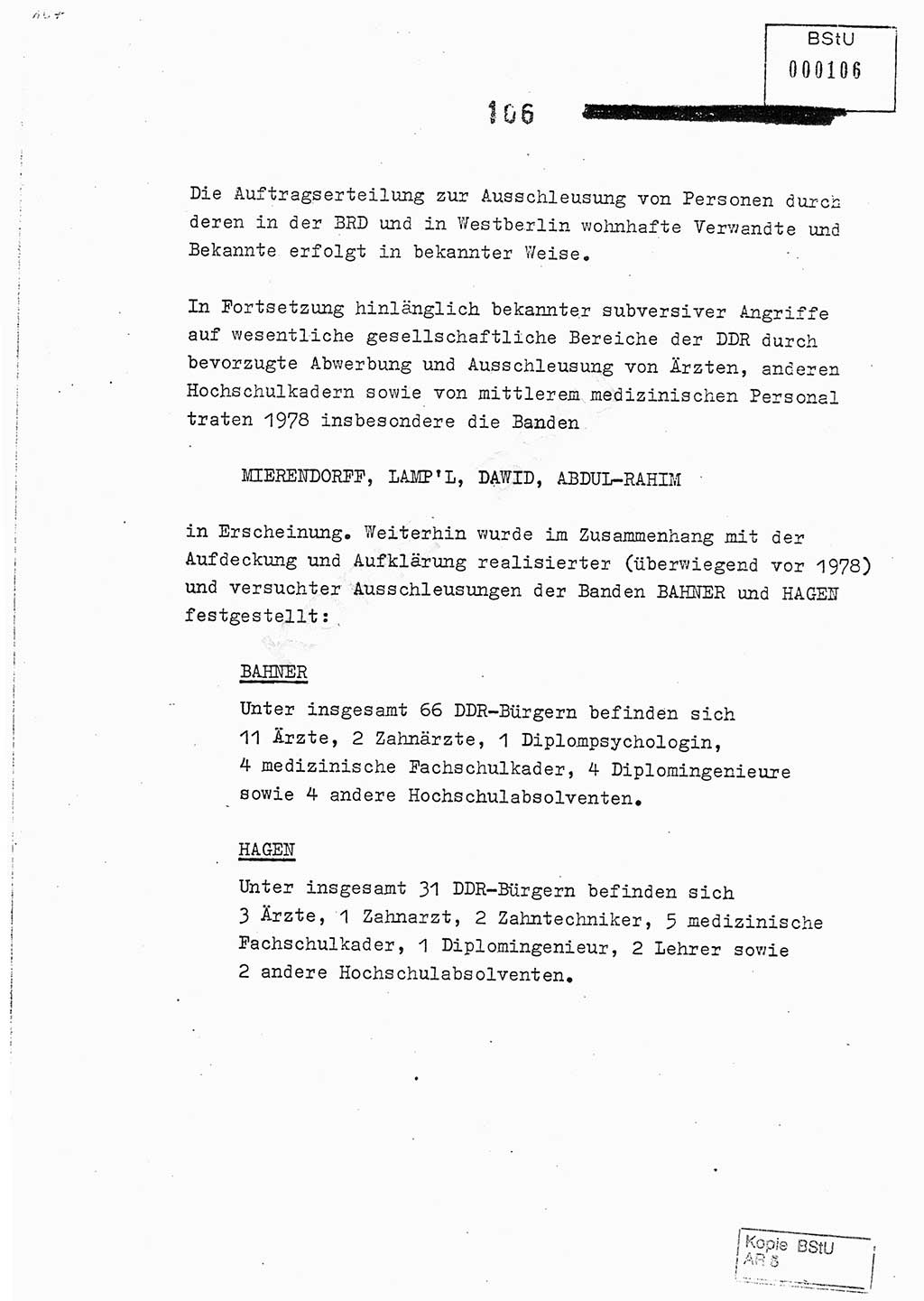 Jahresbericht der Hauptabteilung (HA) Ⅸ 1978, Analyse über die Entwicklung und die Wirksamkeit der politisch-operativen Arbeit der Linie Ⅸ im Jahre 1978, Ministerium für Staatssicherheit (MfS) der Deutschen Demokratischen Republik (DDR), Hauptabteilung Ⅸ, Berlin 1979, Seite 106 (Anal. MfS DDR HA Ⅸ /78 1979, S. 106)