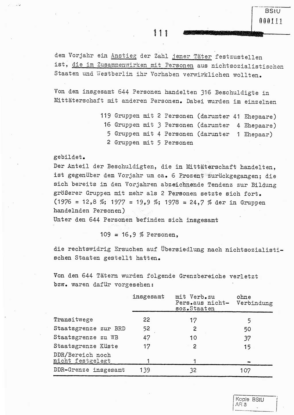 Jahresbericht der Hauptabteilung (HA) Ⅸ 1978, Analyse über die Entwicklung und die Wirksamkeit der politisch-operativen Arbeit der Linie Ⅸ im Jahre 1978, Ministerium für Staatssicherheit (MfS) der Deutschen Demokratischen Republik (DDR), Hauptabteilung Ⅸ, Berlin 1979, Seite 111 (Anal. MfS DDR HA Ⅸ /78 1979, S. 111)