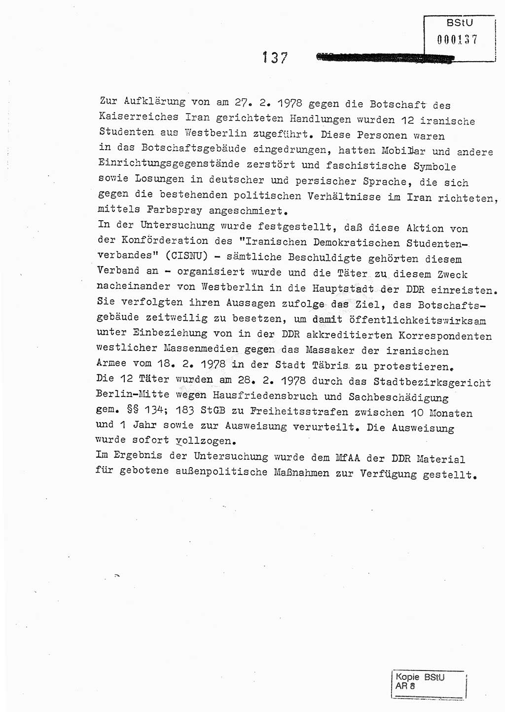 Jahresbericht der Hauptabteilung (HA) Ⅸ 1978, Analyse über die Entwicklung und die Wirksamkeit der politisch-operativen Arbeit der Linie Ⅸ im Jahre 1978, Ministerium für Staatssicherheit (MfS) der Deutschen Demokratischen Republik (DDR), Hauptabteilung Ⅸ, Berlin 1979, Seite 137 (Anal. MfS DDR HA Ⅸ /78 1979, S. 137)