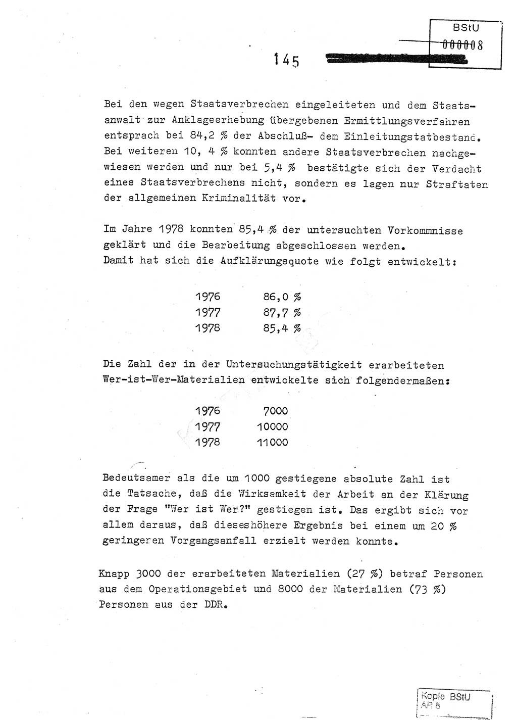 Jahresbericht der Hauptabteilung (HA) Ⅸ 1978, Analyse über die Entwicklung und die Wirksamkeit der politisch-operativen Arbeit der Linie Ⅸ im Jahre 1978, Ministerium für Staatssicherheit (MfS) der Deutschen Demokratischen Republik (DDR), Hauptabteilung Ⅸ, Berlin 1979, Seite 145 (Anal. MfS DDR HA Ⅸ /78 1979, S. 145)