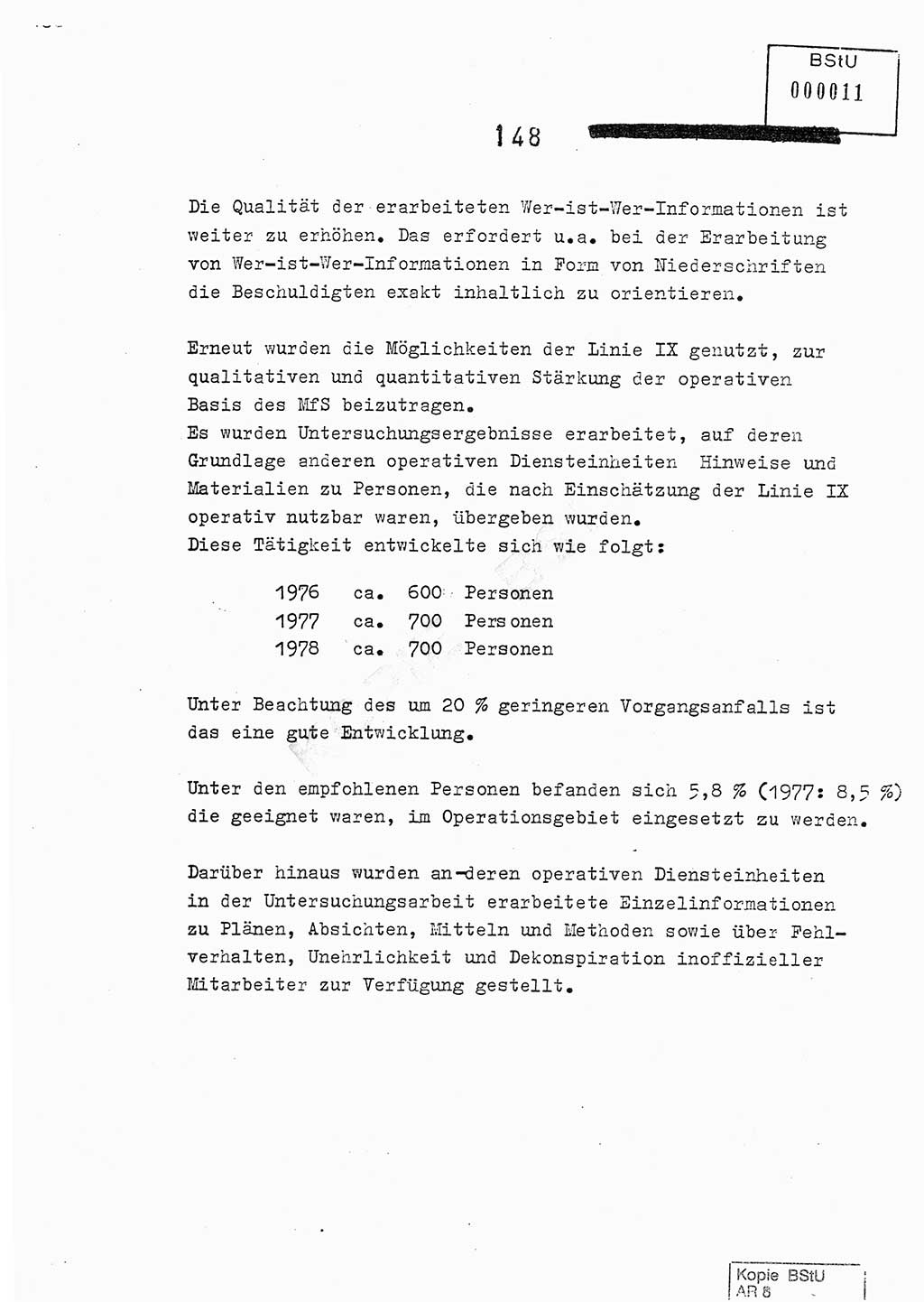 Jahresbericht der Hauptabteilung (HA) Ⅸ 1978, Analyse über die Entwicklung und die Wirksamkeit der politisch-operativen Arbeit der Linie Ⅸ im Jahre 1978, Ministerium für Staatssicherheit (MfS) der Deutschen Demokratischen Republik (DDR), Hauptabteilung Ⅸ, Berlin 1979, Seite 148 (Anal. MfS DDR HA Ⅸ /78 1979, S. 148)