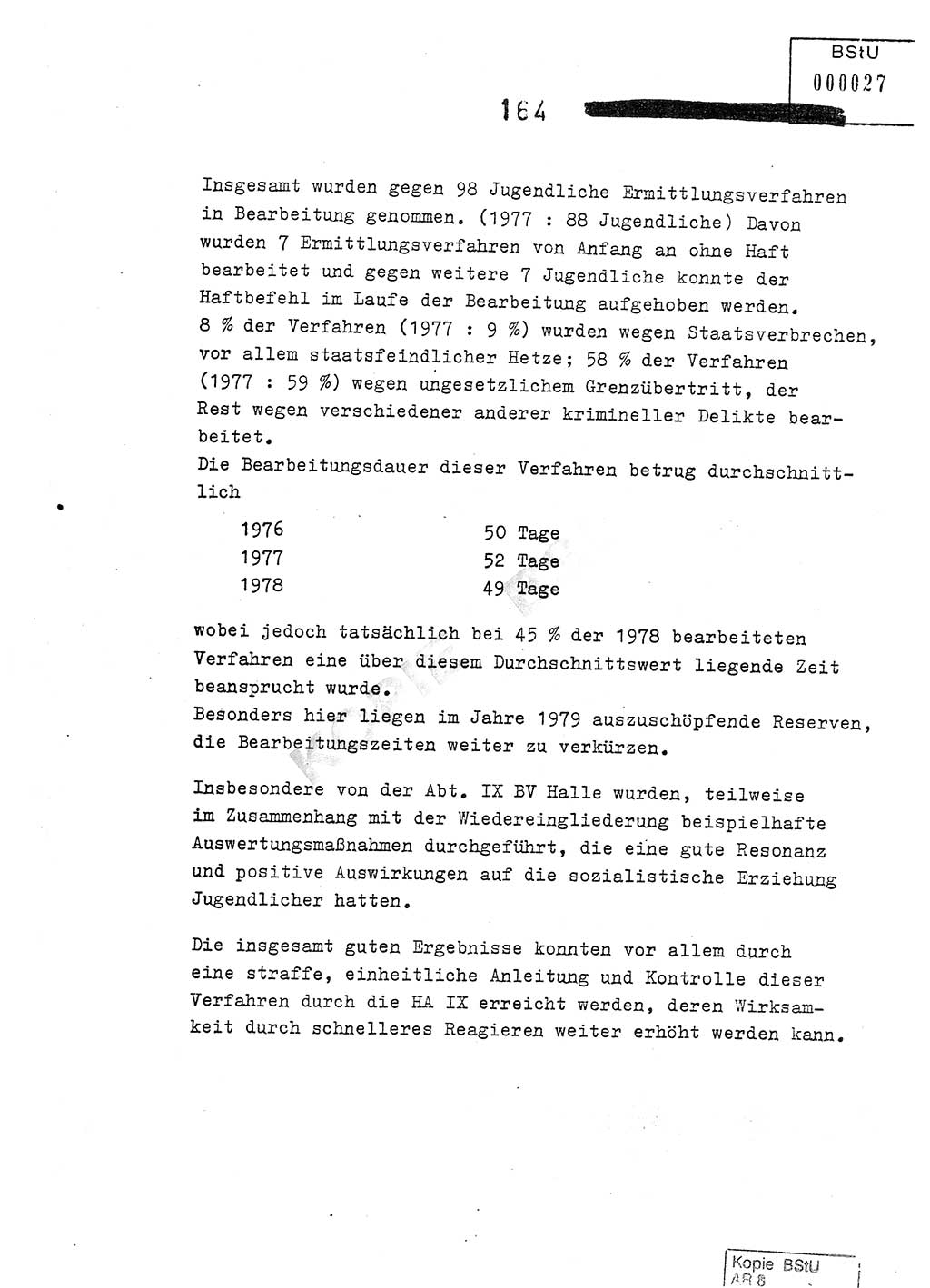 Jahresbericht der Hauptabteilung (HA) Ⅸ 1978, Analyse über die Entwicklung und die Wirksamkeit der politisch-operativen Arbeit der Linie Ⅸ im Jahre 1978, Ministerium für Staatssicherheit (MfS) der Deutschen Demokratischen Republik (DDR), Hauptabteilung Ⅸ, Berlin 1979, Seite 164 (Anal. MfS DDR HA Ⅸ /78 1979, S. 164)