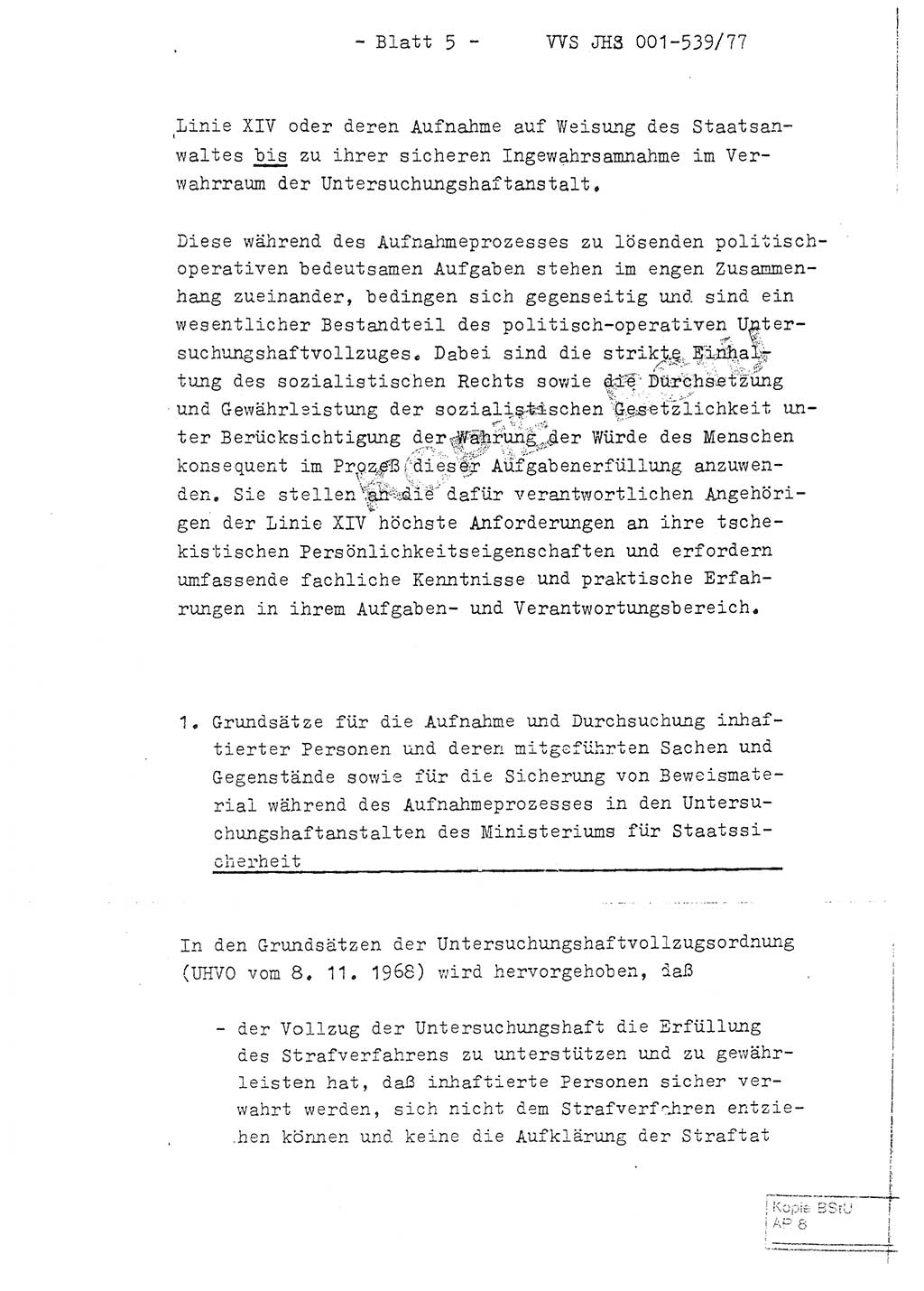 Fachschulabschlußarbeit Hauptmann Dietrich Jung (Abt. ⅩⅣ), Leutnant Klaus Klötzner (Abt. ⅩⅣ), Ministerium für Staatssicherheit (MfS) [Deutsche Demokratische Republik (DDR)], Juristische Hochschule (JHS), Vertrauliche Verschlußsache (VVS) 001-539/77, Potsdam 1978, Seite 5 (FS-Abschl.-Arb. MfS DDR JHS VVS 001-539/77 1978, S. 5)