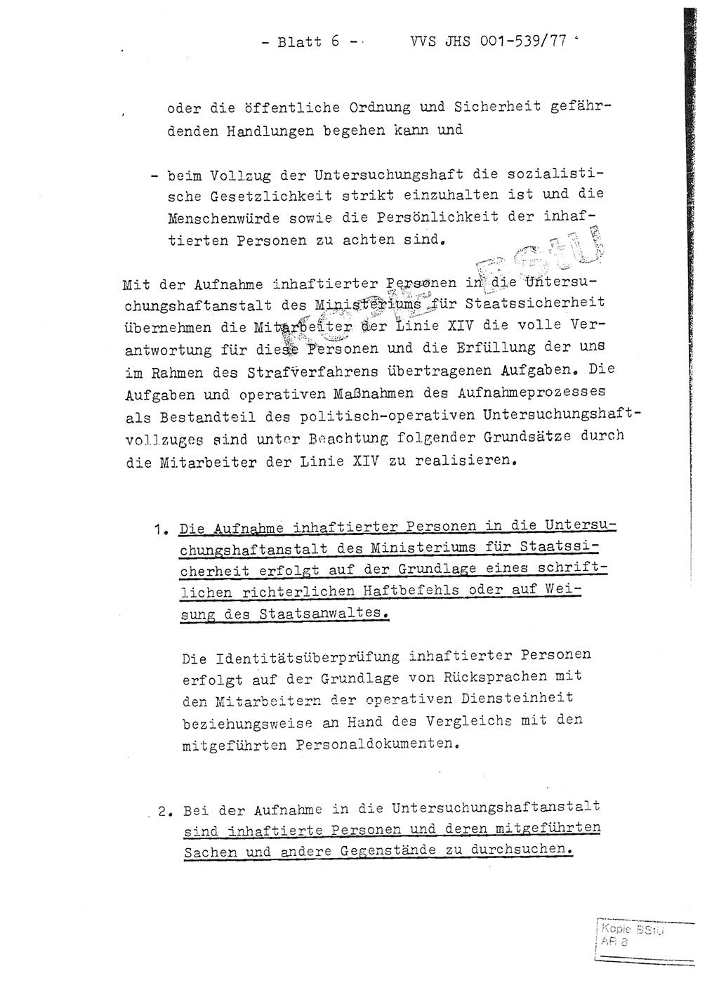 Fachschulabschlußarbeit Hauptmann Dietrich Jung (Abt. ⅩⅣ), Leutnant Klaus Klötzner (Abt. ⅩⅣ), Ministerium für Staatssicherheit (MfS) [Deutsche Demokratische Republik (DDR)], Juristische Hochschule (JHS), Vertrauliche Verschlußsache (VVS) 001-539/77, Potsdam 1978, Seite 6 (FS-Abschl.-Arb. MfS DDR JHS VVS 001-539/77 1978, S. 6)