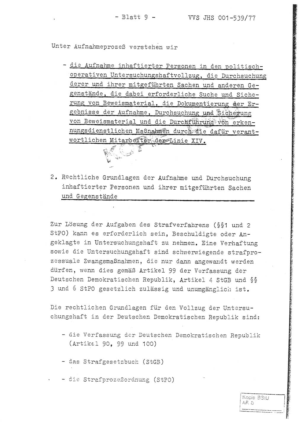 Fachschulabschlußarbeit Hauptmann Dietrich Jung (Abt. ⅩⅣ), Leutnant Klaus Klötzner (Abt. ⅩⅣ), Ministerium für Staatssicherheit (MfS) [Deutsche Demokratische Republik (DDR)], Juristische Hochschule (JHS), Vertrauliche Verschlußsache (VVS) 001-539/77, Potsdam 1978, Seite 9 (FS-Abschl.-Arb. MfS DDR JHS VVS 001-539/77 1978, S. 9)