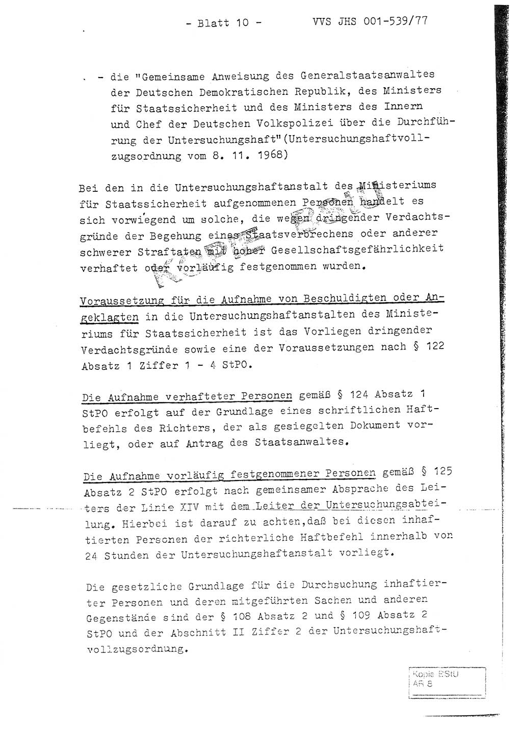 Fachschulabschlußarbeit Hauptmann Dietrich Jung (Abt. ⅩⅣ), Leutnant Klaus Klötzner (Abt. ⅩⅣ), Ministerium für Staatssicherheit (MfS) [Deutsche Demokratische Republik (DDR)], Juristische Hochschule (JHS), Vertrauliche Verschlußsache (VVS) 001-539/77, Potsdam 1978, Seite 10 (FS-Abschl.-Arb. MfS DDR JHS VVS 001-539/77 1978, S. 10)