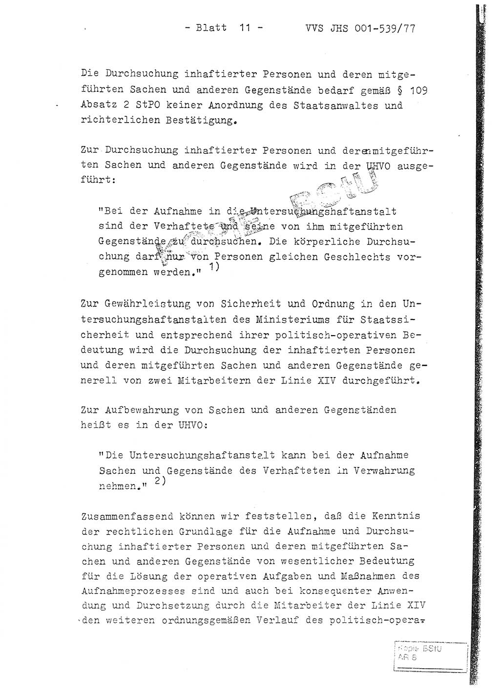 Fachschulabschlußarbeit Hauptmann Dietrich Jung (Abt. ⅩⅣ), Leutnant Klaus Klötzner (Abt. ⅩⅣ), Ministerium für Staatssicherheit (MfS) [Deutsche Demokratische Republik (DDR)], Juristische Hochschule (JHS), Vertrauliche Verschlußsache (VVS) 001-539/77, Potsdam 1978, Seite 11 (FS-Abschl.-Arb. MfS DDR JHS VVS 001-539/77 1978, S. 11)