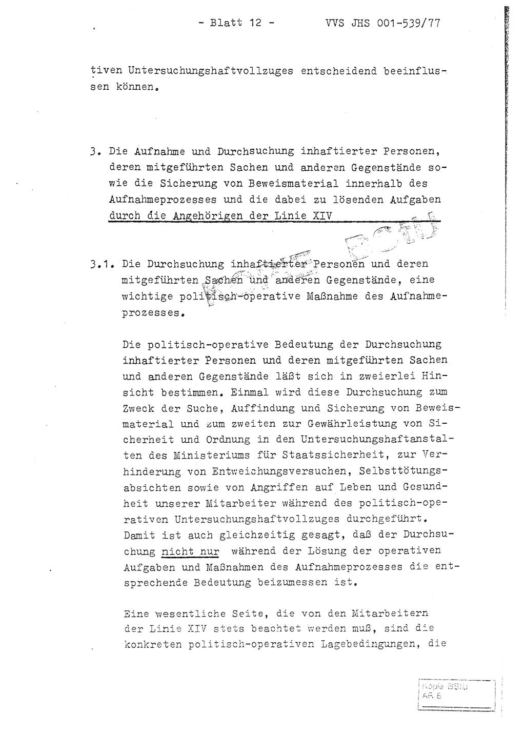 Fachschulabschlußarbeit Hauptmann Dietrich Jung (Abt. ⅩⅣ), Leutnant Klaus Klötzner (Abt. ⅩⅣ), Ministerium für Staatssicherheit (MfS) [Deutsche Demokratische Republik (DDR)], Juristische Hochschule (JHS), Vertrauliche Verschlußsache (VVS) 001-539/77, Potsdam 1978, Seite 12 (FS-Abschl.-Arb. MfS DDR JHS VVS 001-539/77 1978, S. 12)