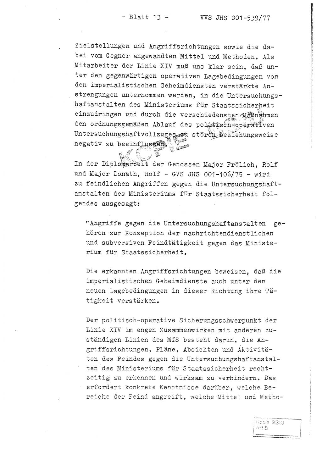 Fachschulabschlußarbeit Hauptmann Dietrich Jung (Abt. ⅩⅣ), Leutnant Klaus Klötzner (Abt. ⅩⅣ), Ministerium für Staatssicherheit (MfS) [Deutsche Demokratische Republik (DDR)], Juristische Hochschule (JHS), Vertrauliche Verschlußsache (VVS) 001-539/77, Potsdam 1978, Seite 13 (FS-Abschl.-Arb. MfS DDR JHS VVS 001-539/77 1978, S. 13)